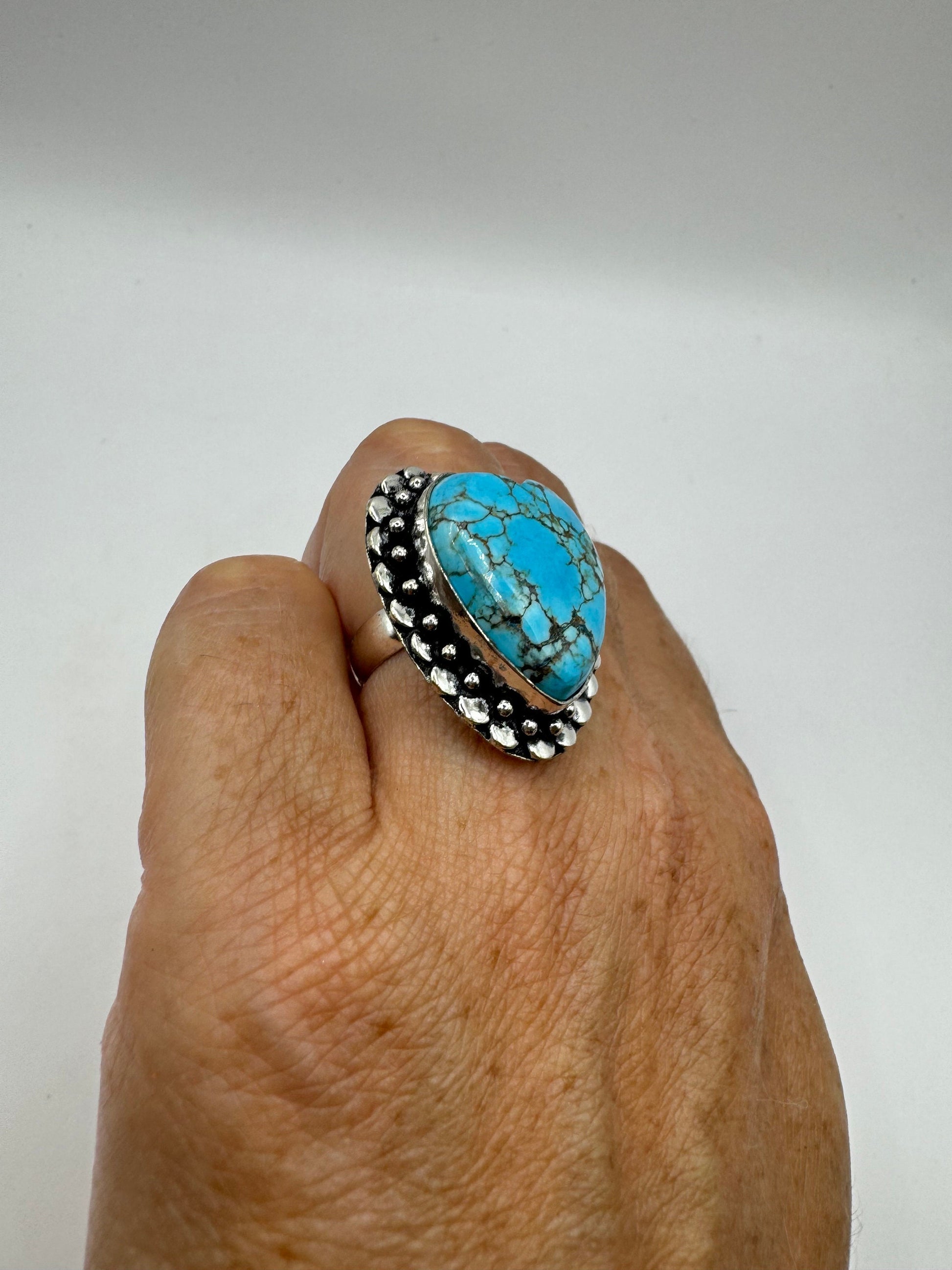 Vintage Blue Genuine Tibetan Turquoise Statement Chunky Heart Cocktail Ring Size 7