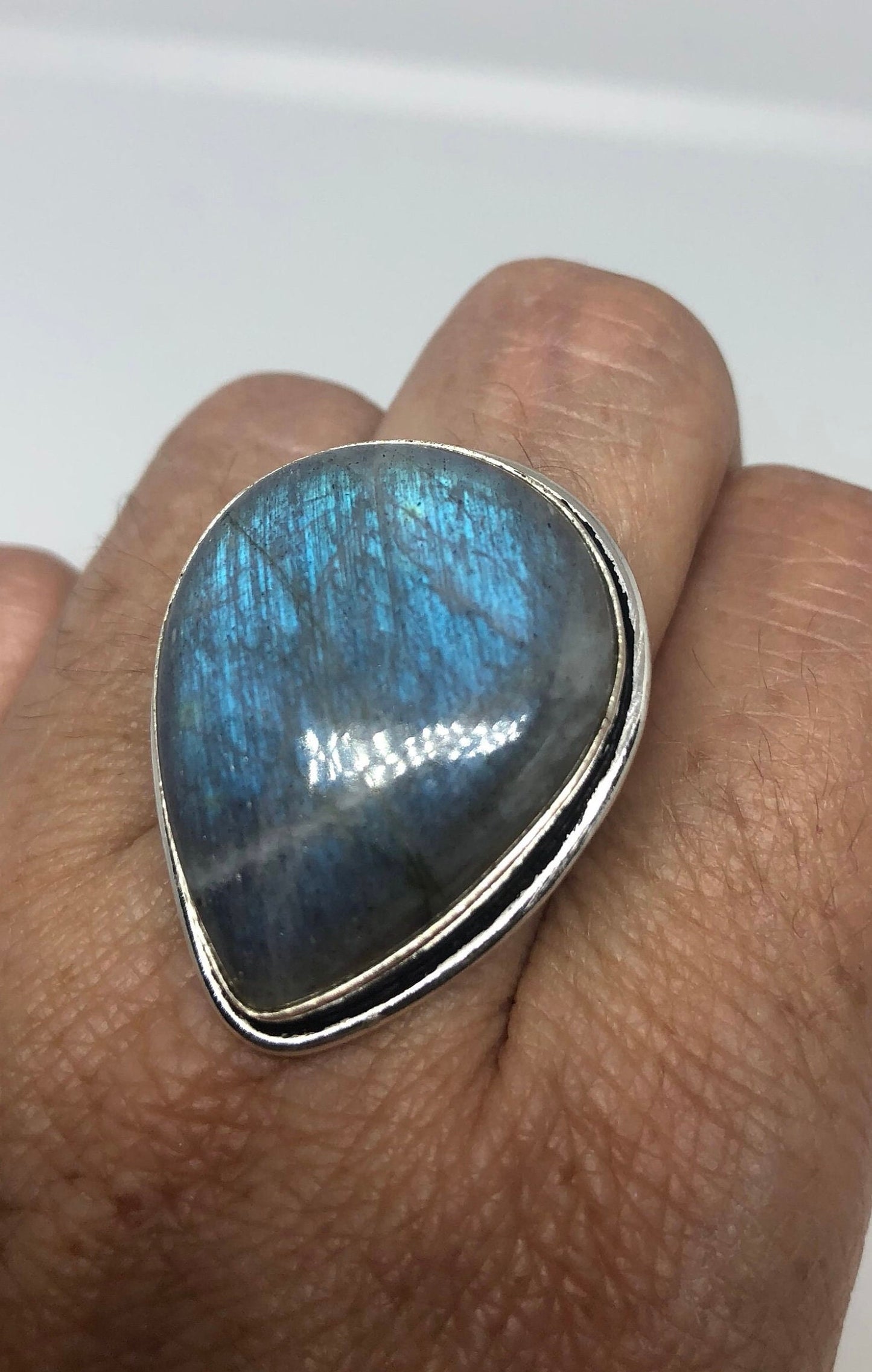 Vintage Large Blue Green Labradorite Stone Silver Ring