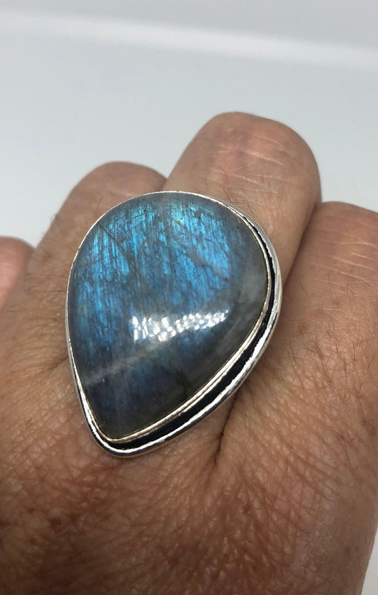 Vintage Large Blue Green Labradorite Stone Silver Ring