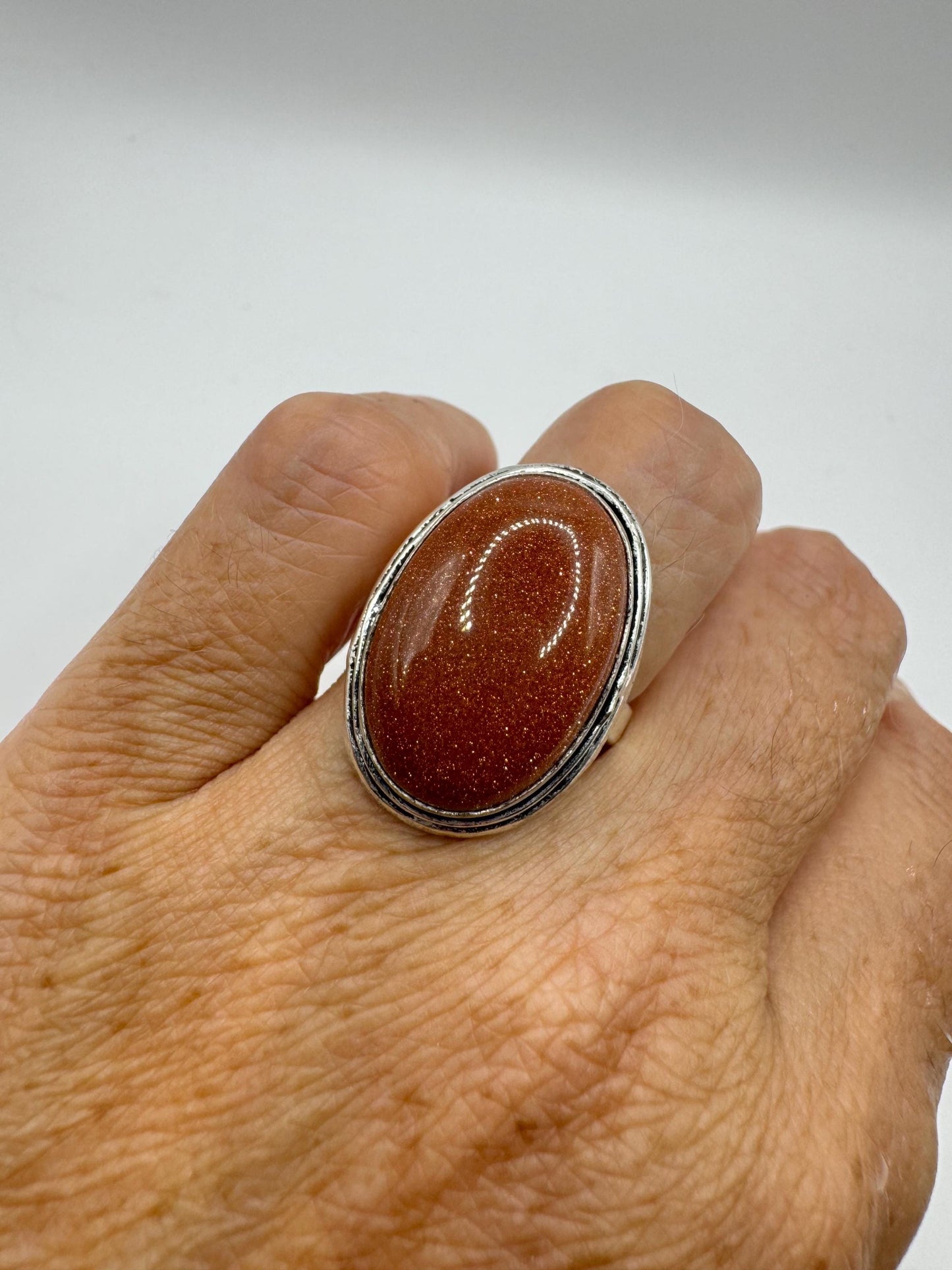 Vintage Handmade Boho Statement Gold Sandstone Silver Ring 7.5