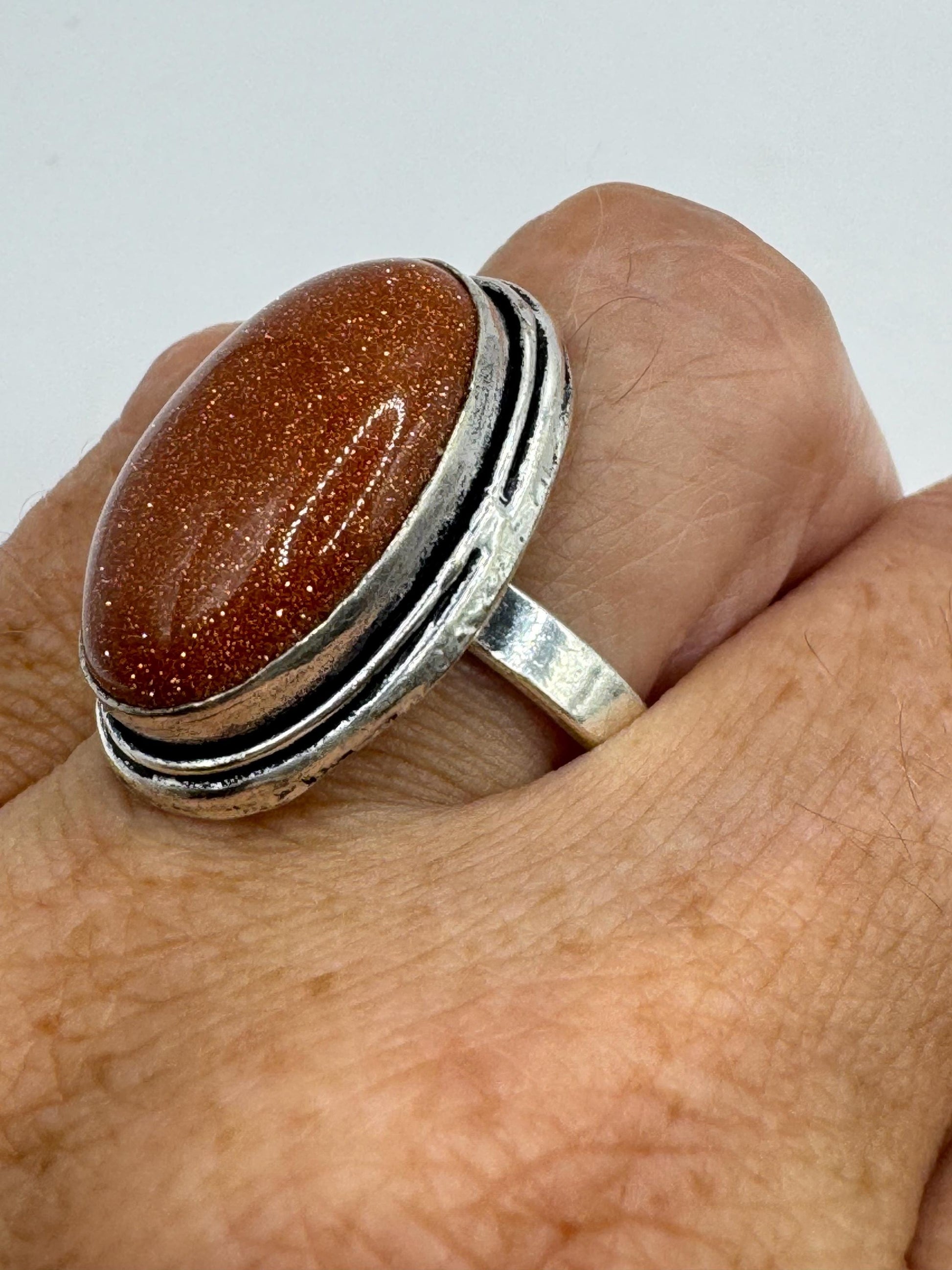 Vintage Handmade Boho Statement Gold Sandstone Silver Ring 7.5