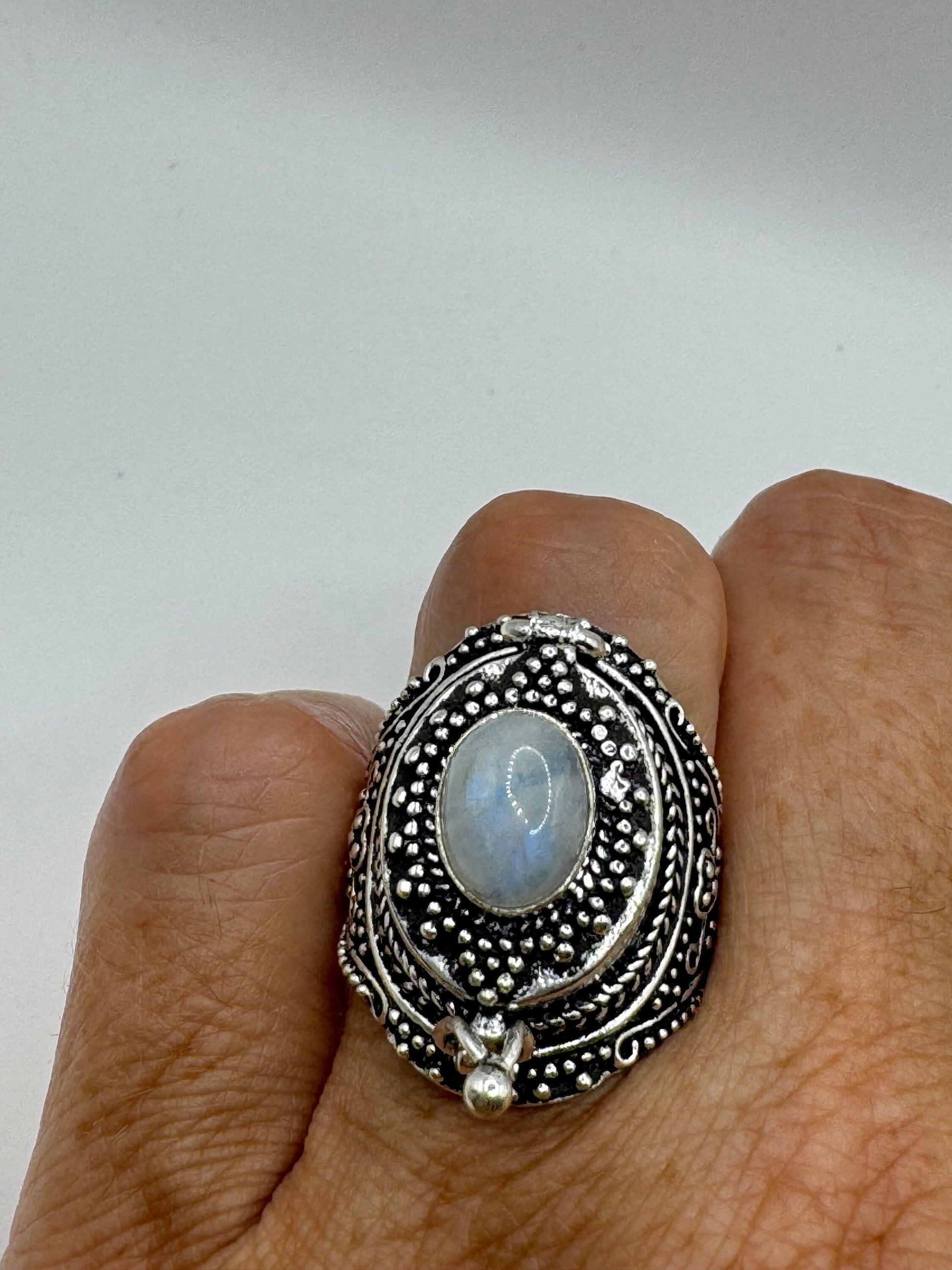 Vintage Blue Rainbow Moonstone White Bronze Poison Pillbox Ring