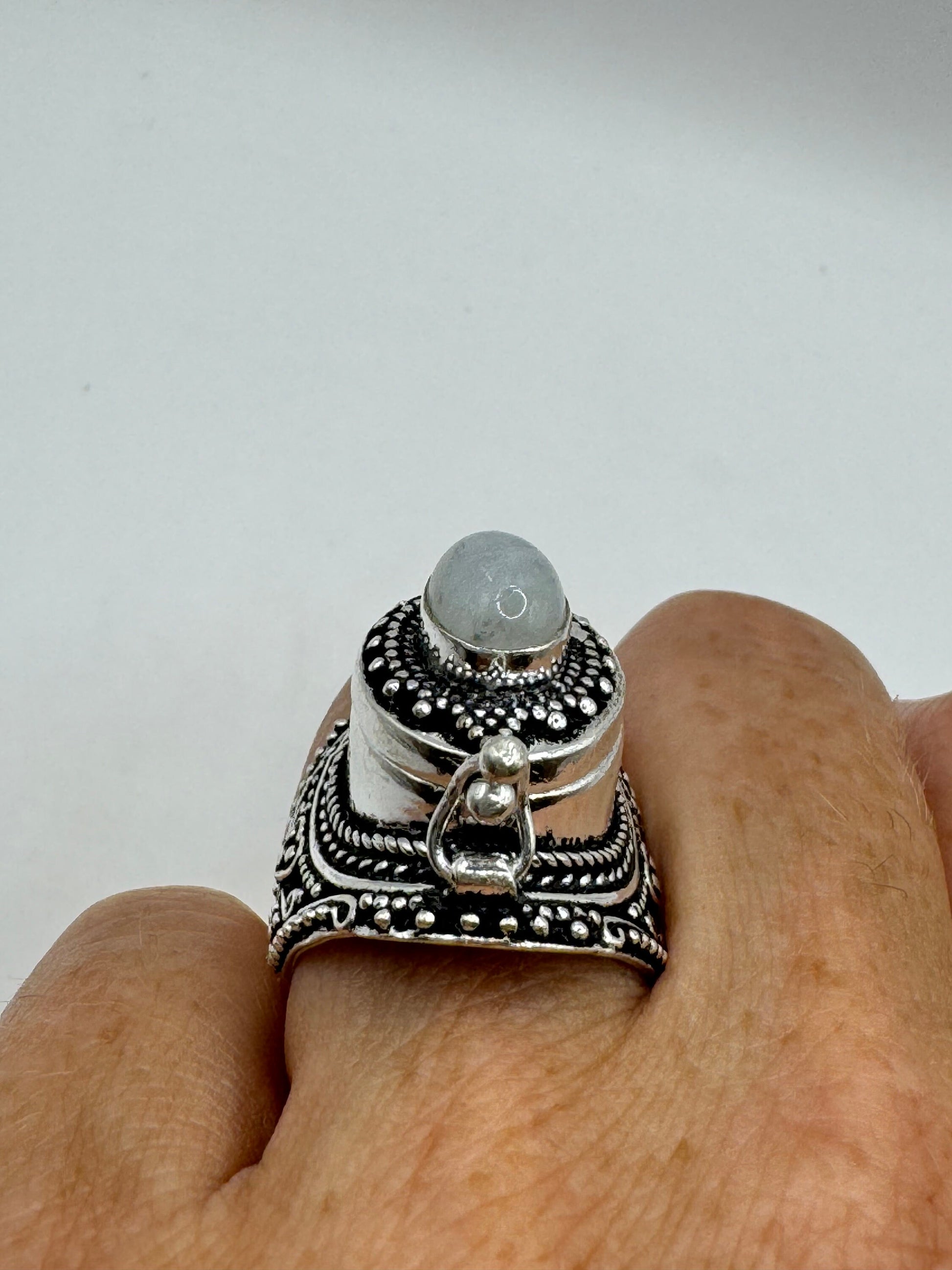 Vintage Blue Rainbow Moonstone White Bronze Poison Pillbox Ring