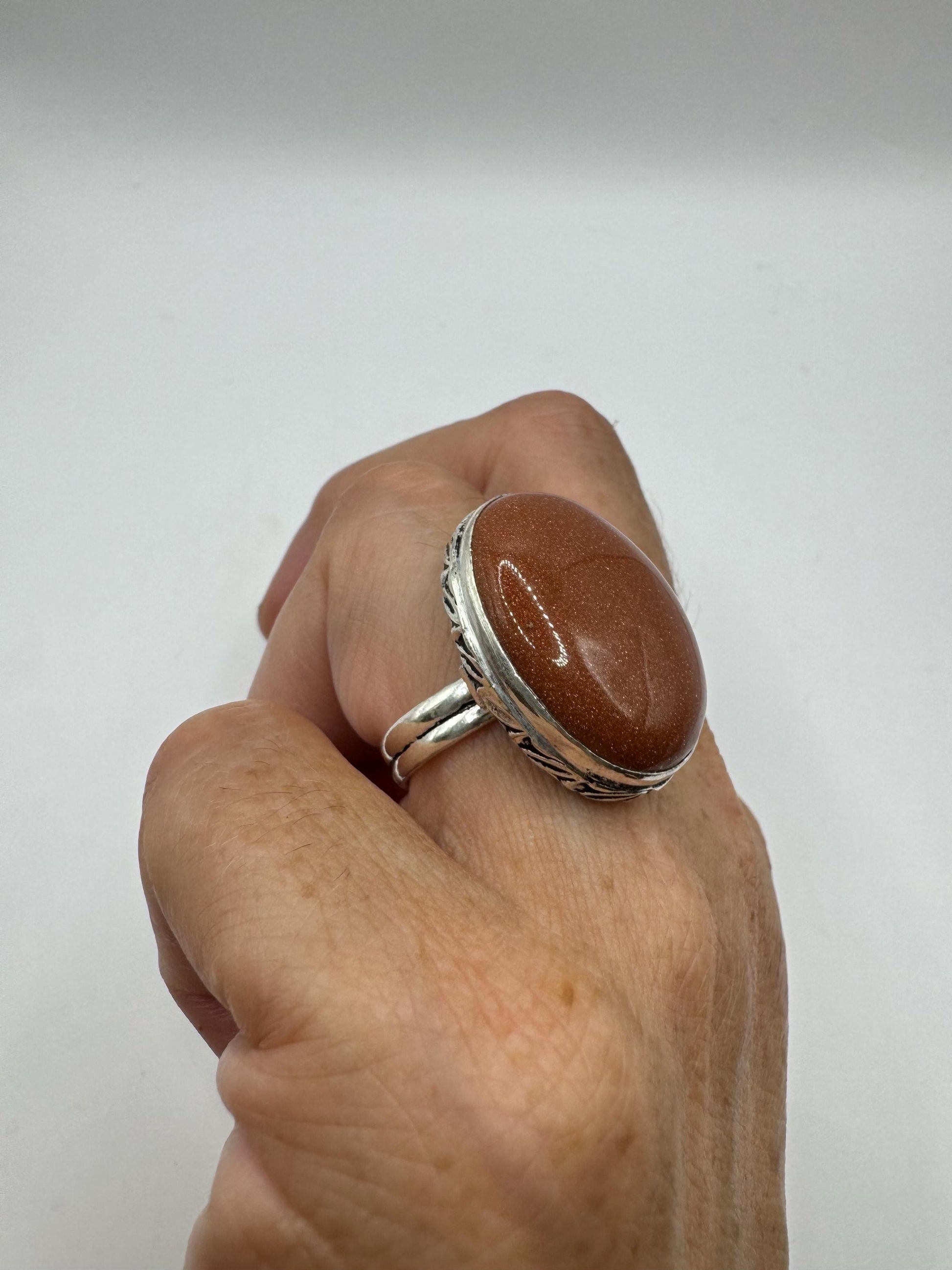 Vintage Handmade Boho Statement Gold Sandstone Silver Ring 9
