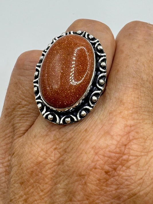 Vintage Handmade Boho Statement Gold Sandstone Silver Ring 7.75