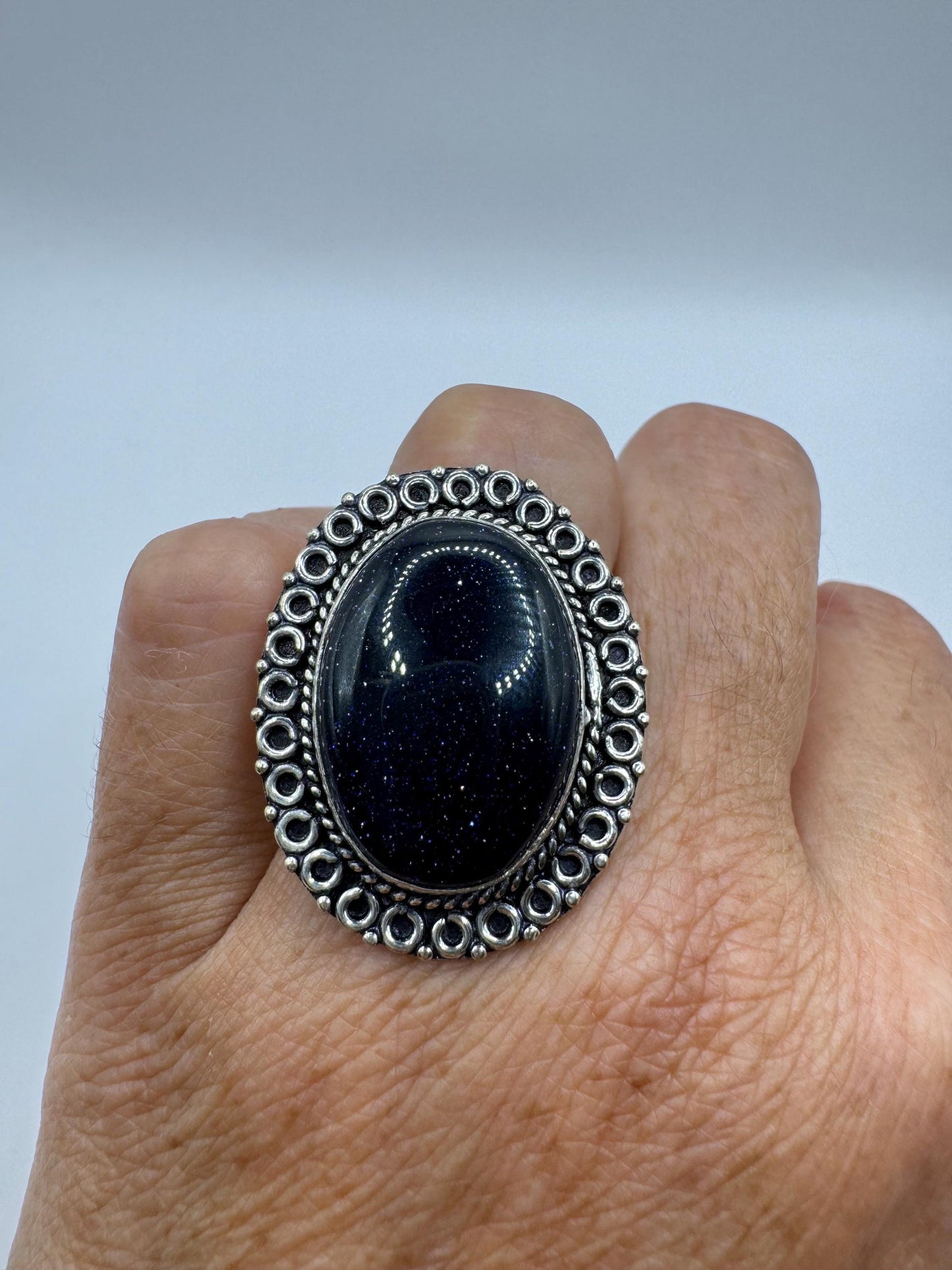 Vintage Handmade Boho Statement Black Sandstone Silver Ring 7
