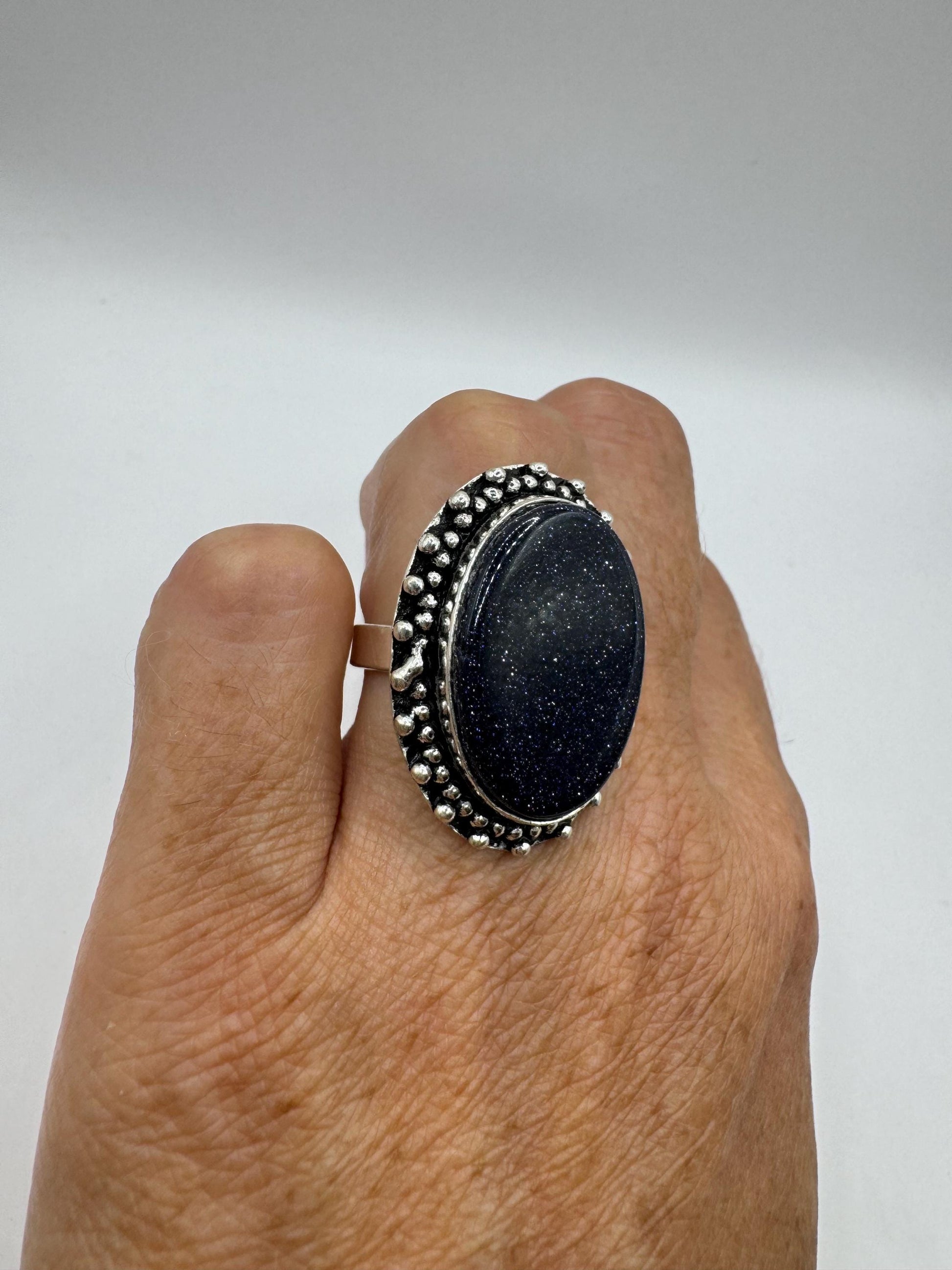 Vintage Handmade Boho Statement Black Sandstone Silver Ring 7