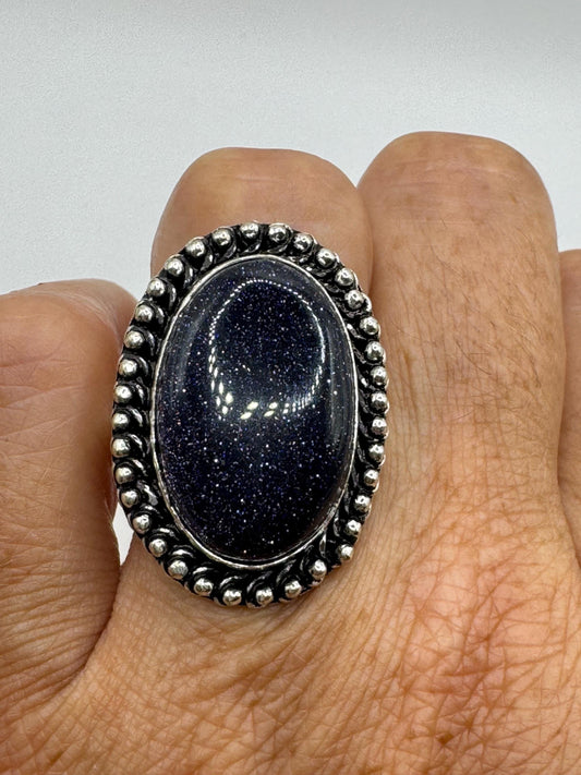 Vintage Handmade Boho Statement Black Sandstone Silver Ring 9.5
