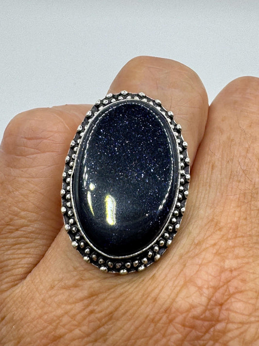Vintage Handmade Boho Statement Black Sandstone Silver Ring 8