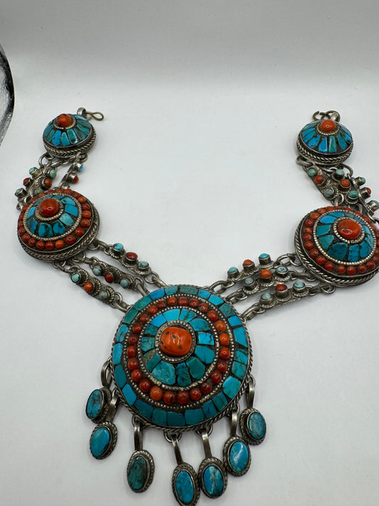 Vintage Tibetan Blue Turquoise Red Coral Choker Necklace 925 Sterling Silver