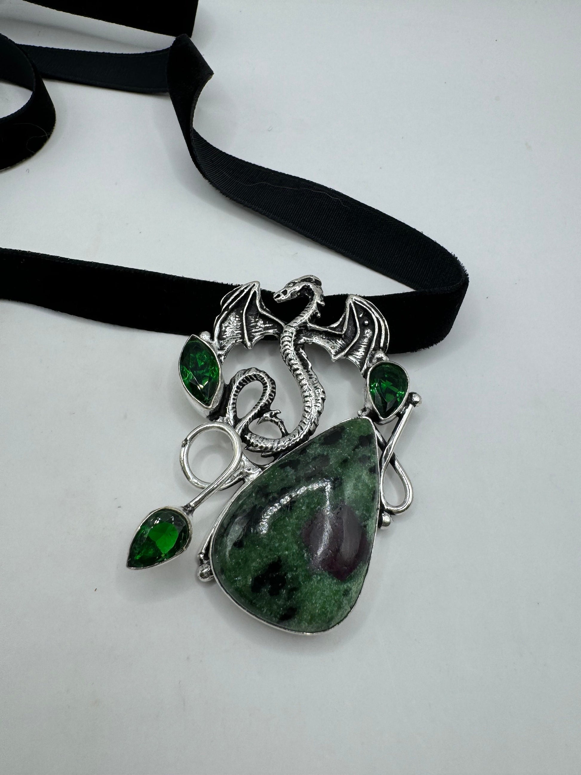 Vintage Silver Genuine Ruby Zoisite Choker Black Velvet Necklace.
