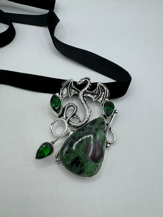 Vintage Silver Genuine Ruby Zoisite Choker Black Velvet Necklace.