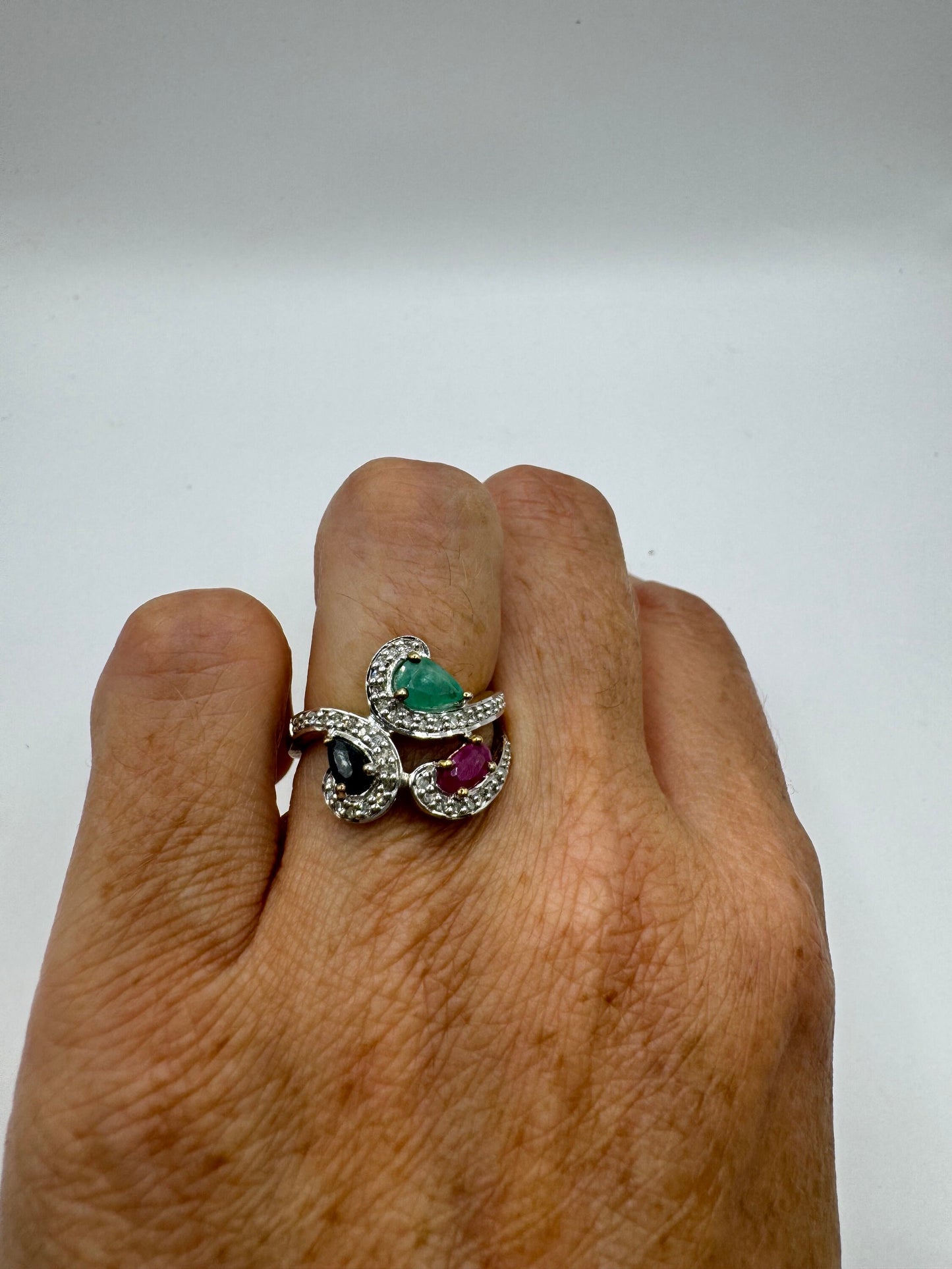 Vintage Emerald, Ruby, Sapphire Diamond Gold 925 Sterling Silver Cocktail Ring