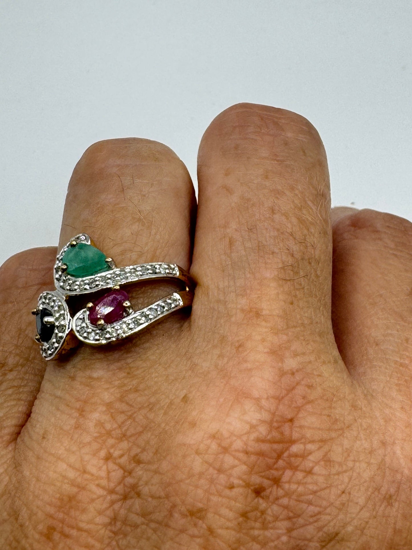 Vintage Emerald, Ruby, Sapphire Diamond Gold 925 Sterling Silver Cocktail Ring