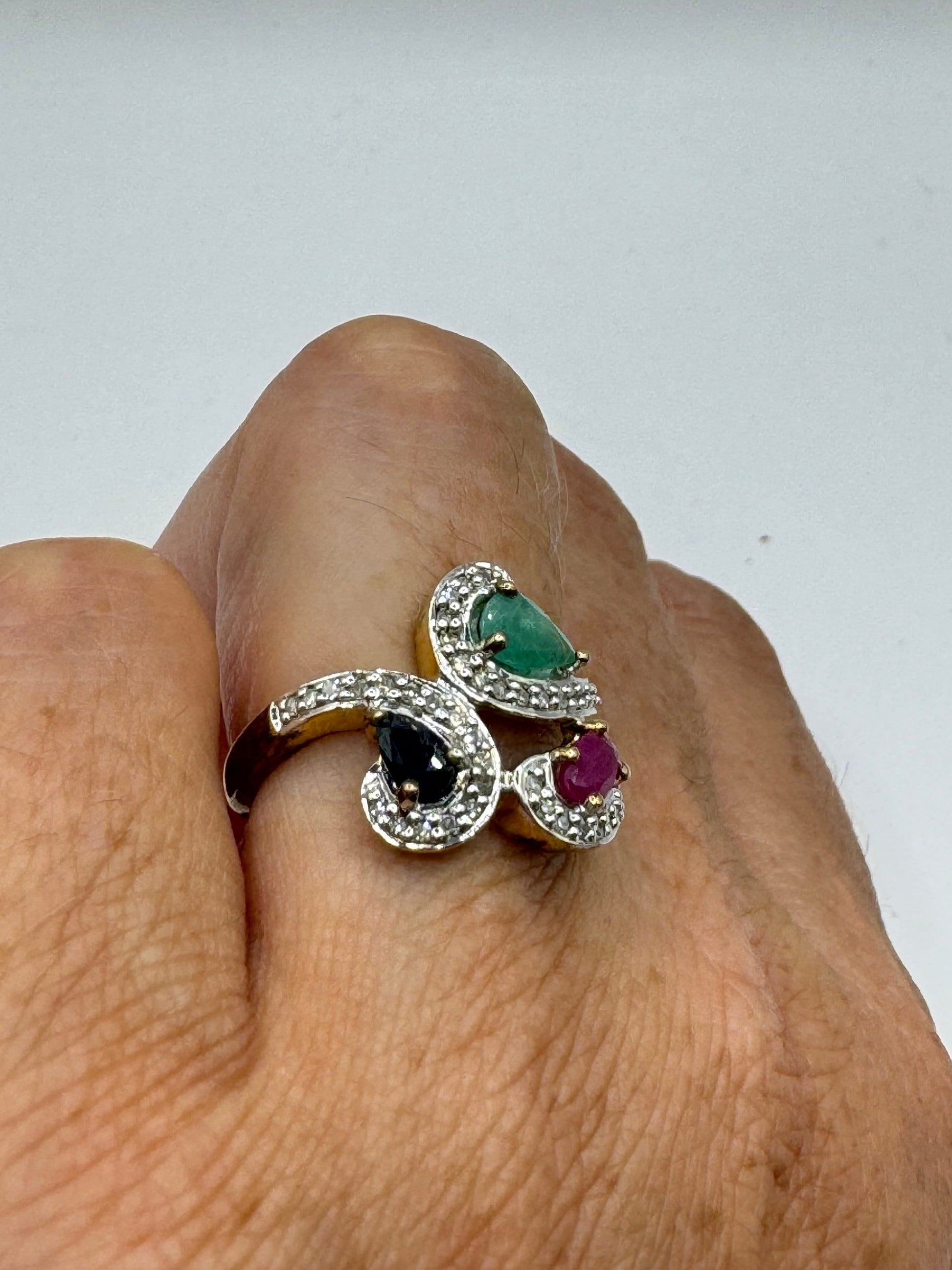 Vintage Emerald, Ruby, Sapphire Diamond Gold 925 Sterling Silver Cocktail Ring