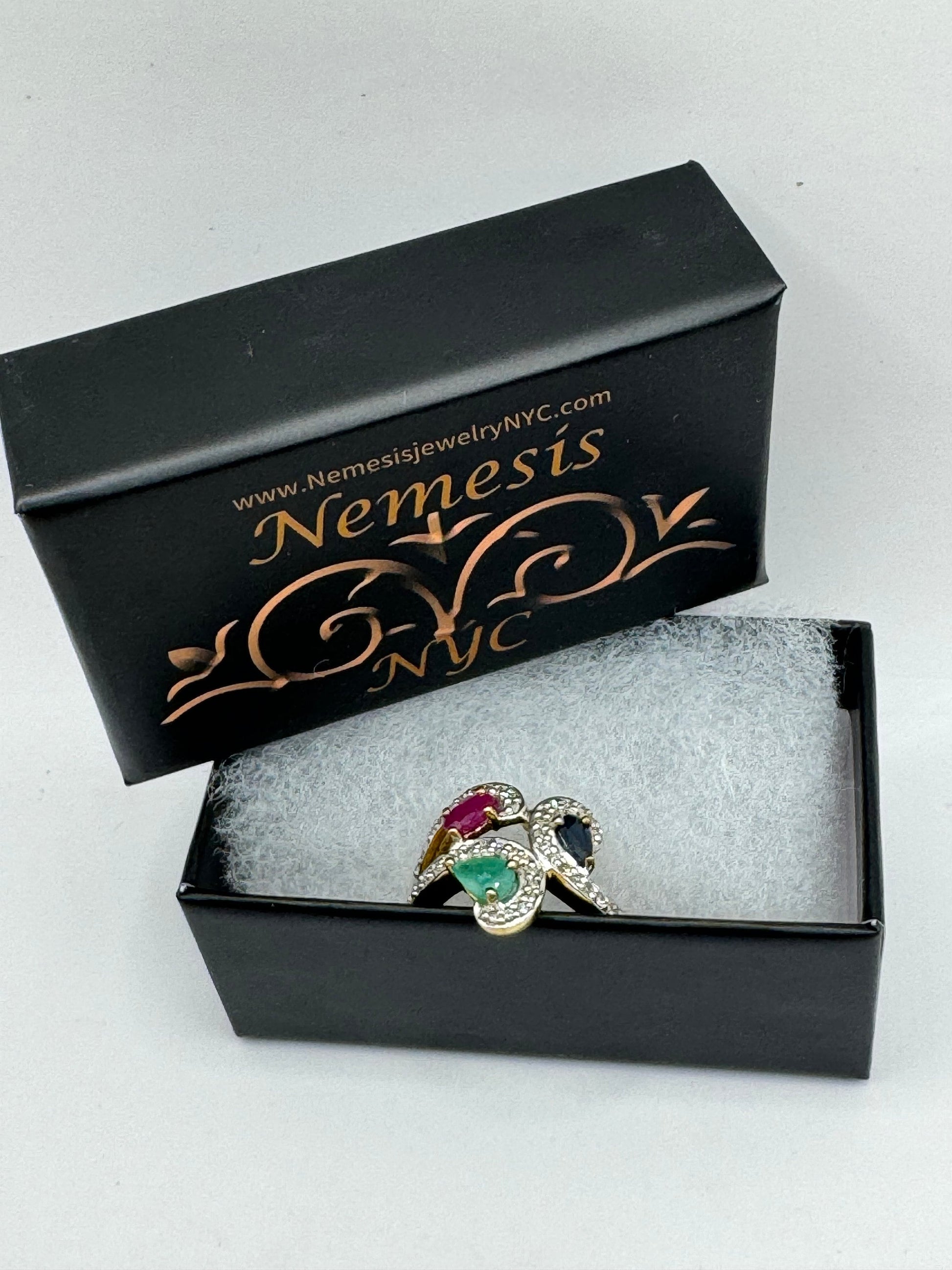 Vintage Emerald, Ruby, Sapphire Diamond Gold 925 Sterling Silver Cocktail Ring