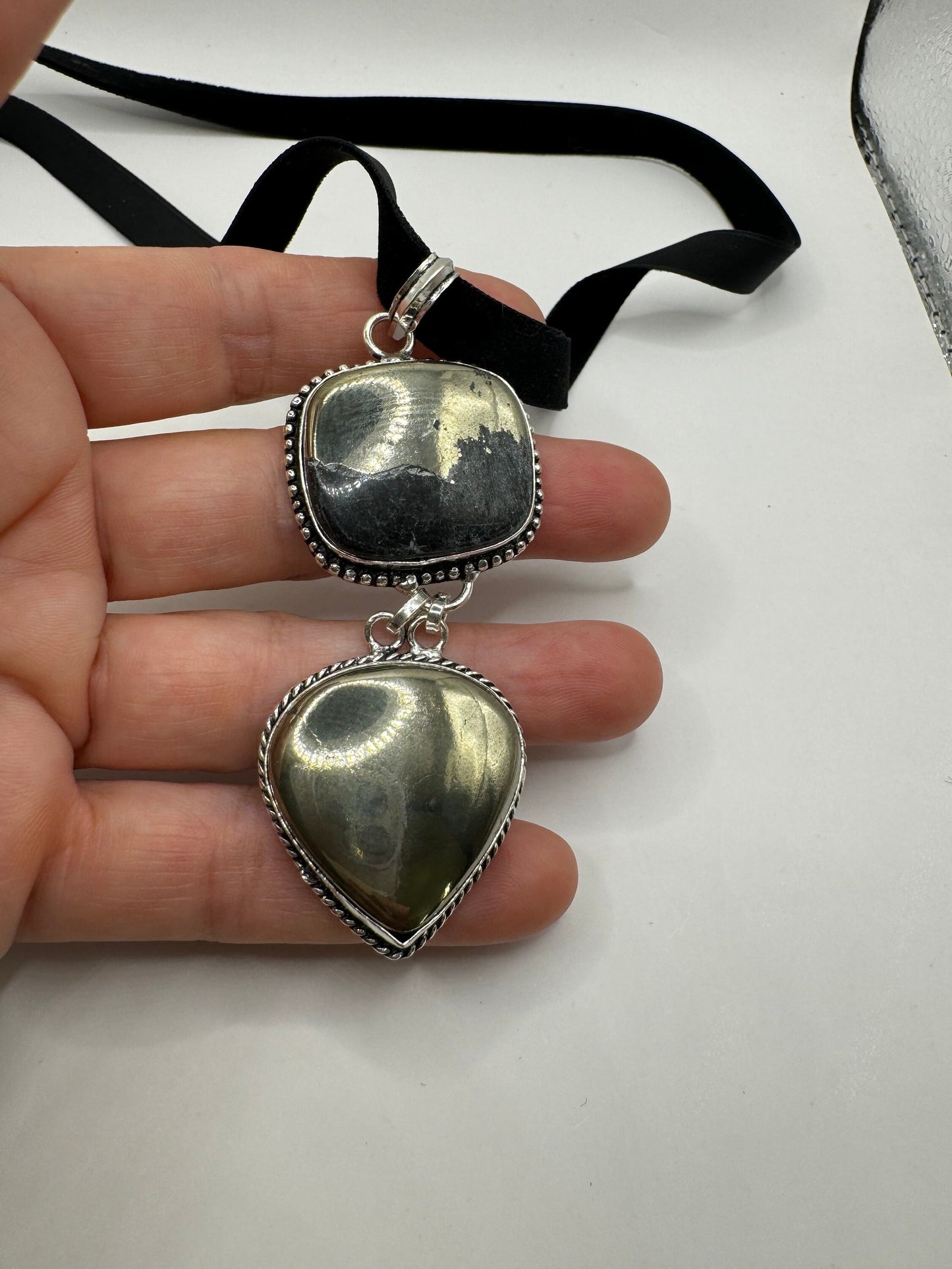 Vintage Silver Genuine Pyrite druzy Dangle Pendant Necklace