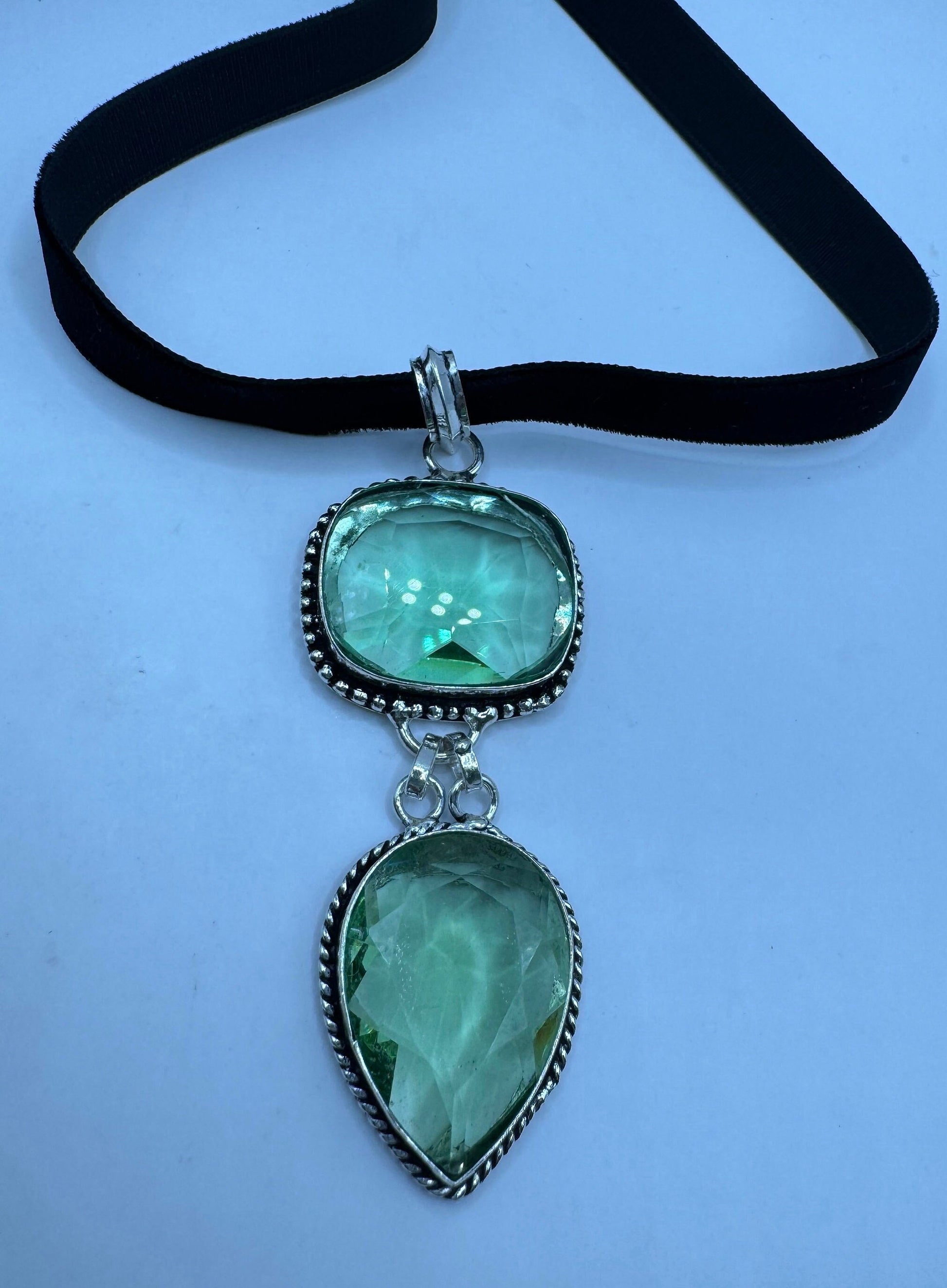 Antique Aqua Blue Volcanic Glass Boho Choker Black Velvet Ribbon Necklace