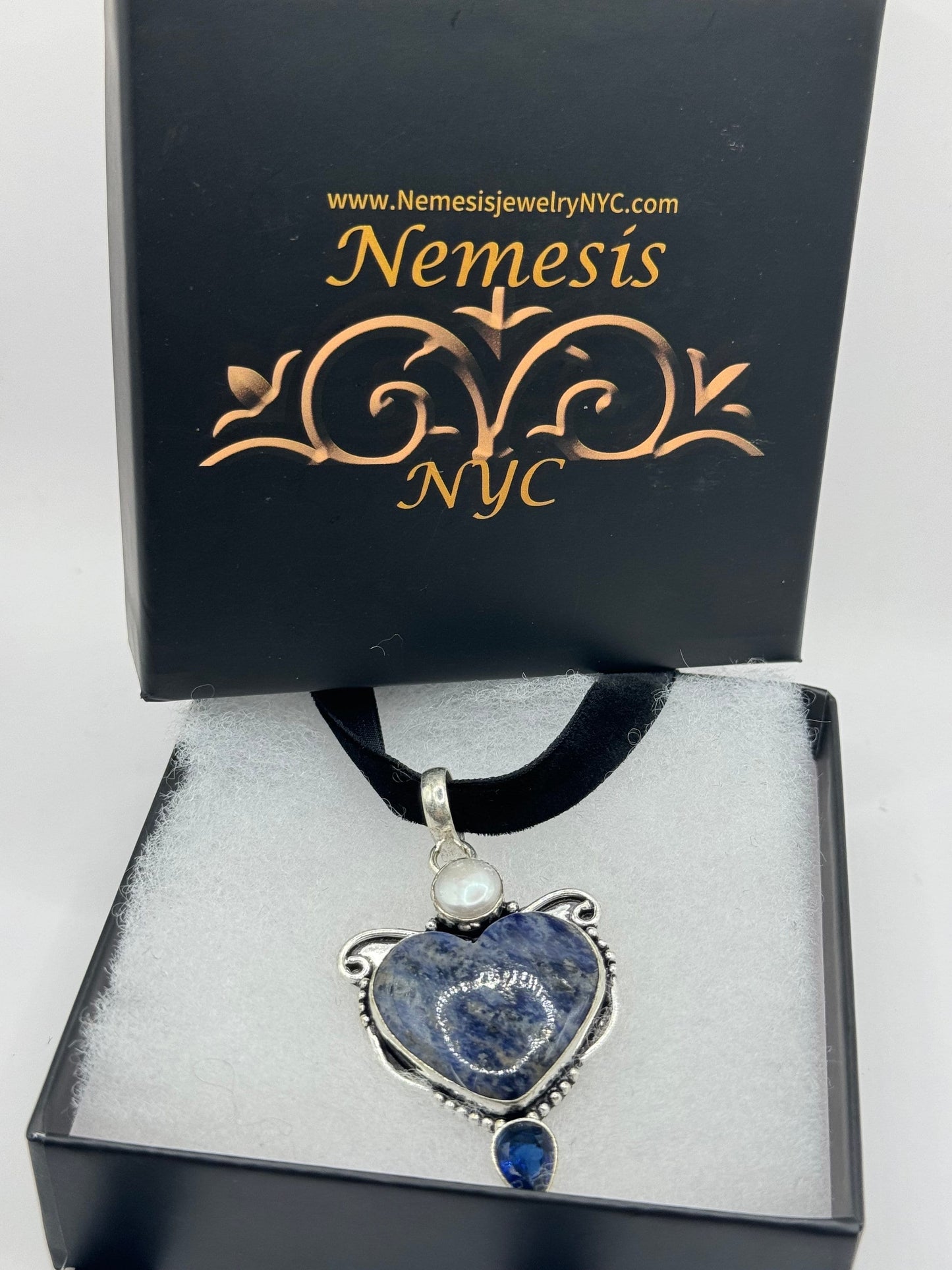 Bohemian Vintage Heart Cut Droplet Blue Genuine Sodalite Cloker Necklace Black Velvet ribbon