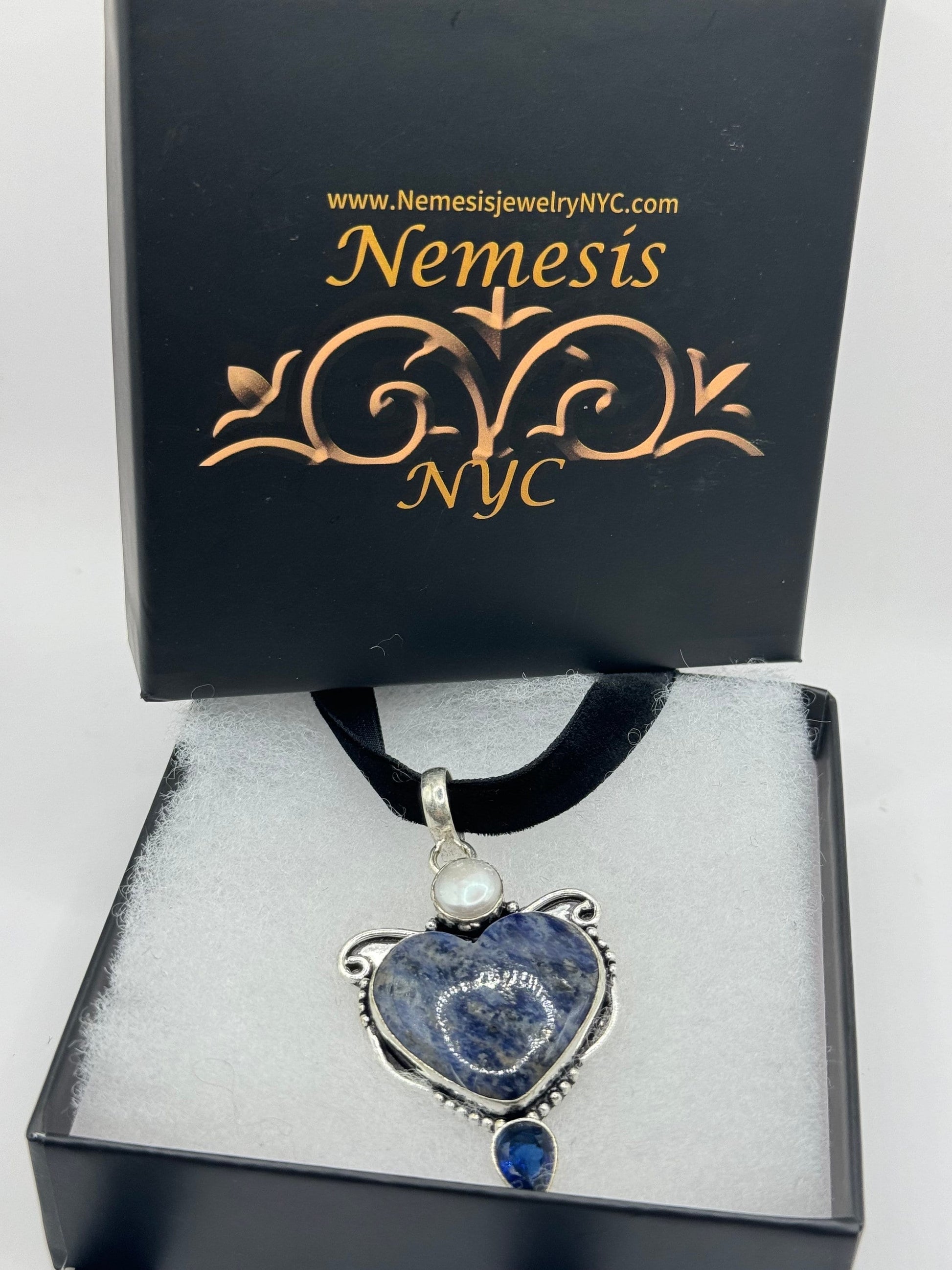 Bohemian Vintage Heart Cut Droplet Blue Genuine Sodalite Cloker Necklace Black Velvet ribbon