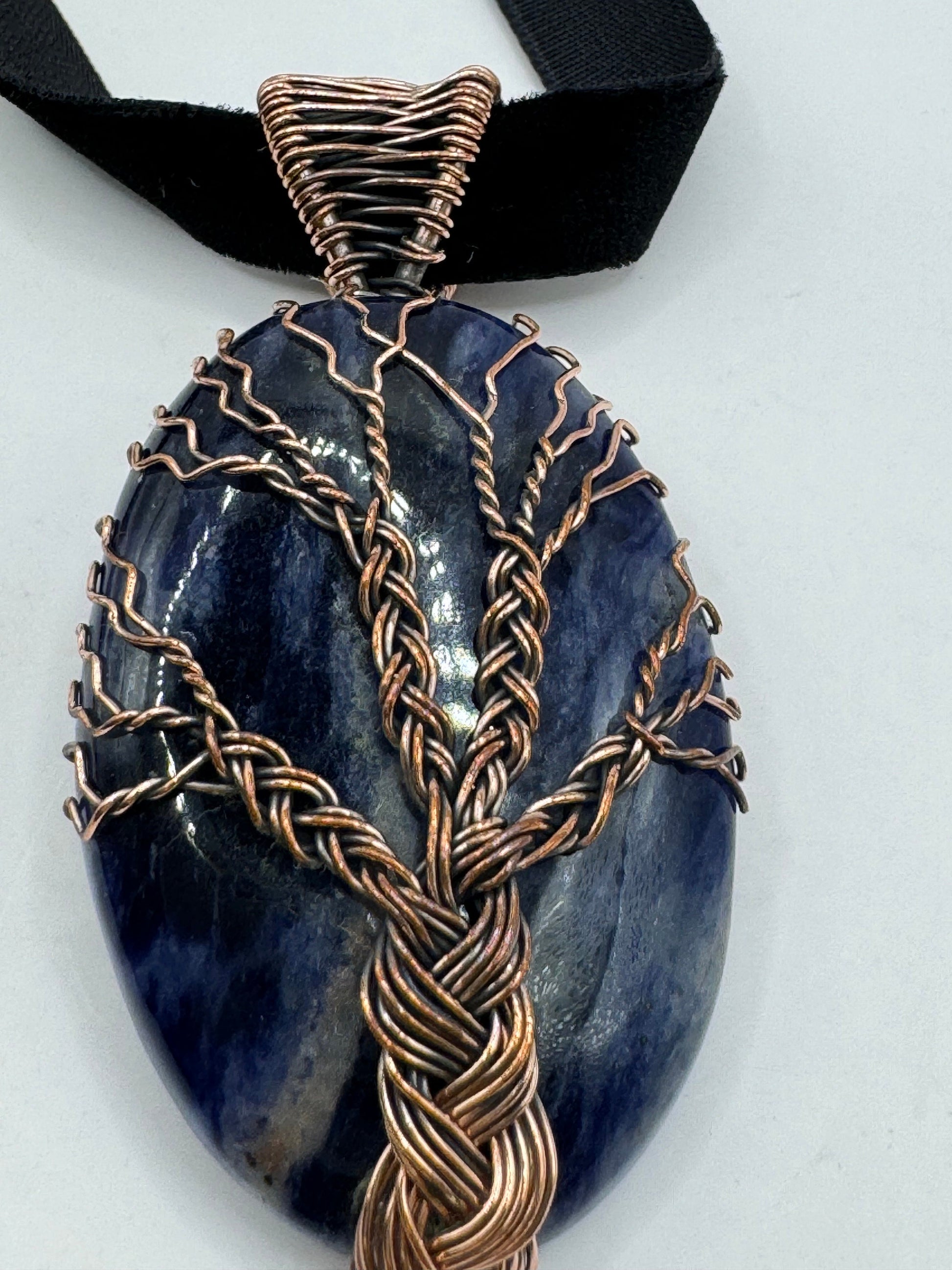 Bohemian Vintage Tree of Life Blue Genuine Sodalite Cloker Necklace Black Velvet ribbon