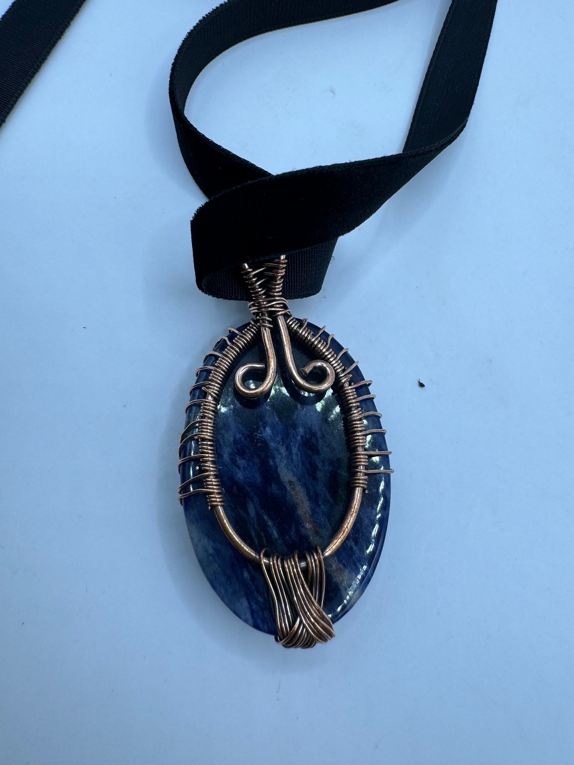 Bohemian Vintage Tree of Life Blue Genuine Sodalite Cloker Necklace Black Velvet ribbon