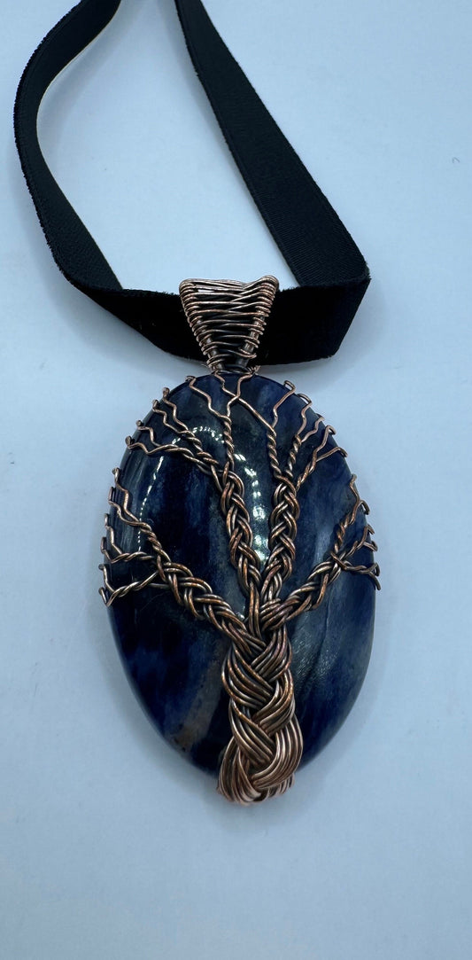 Bohemian Vintage Tree of Life Blue Genuine Sodalite Cloker Necklace Black Velvet ribbon