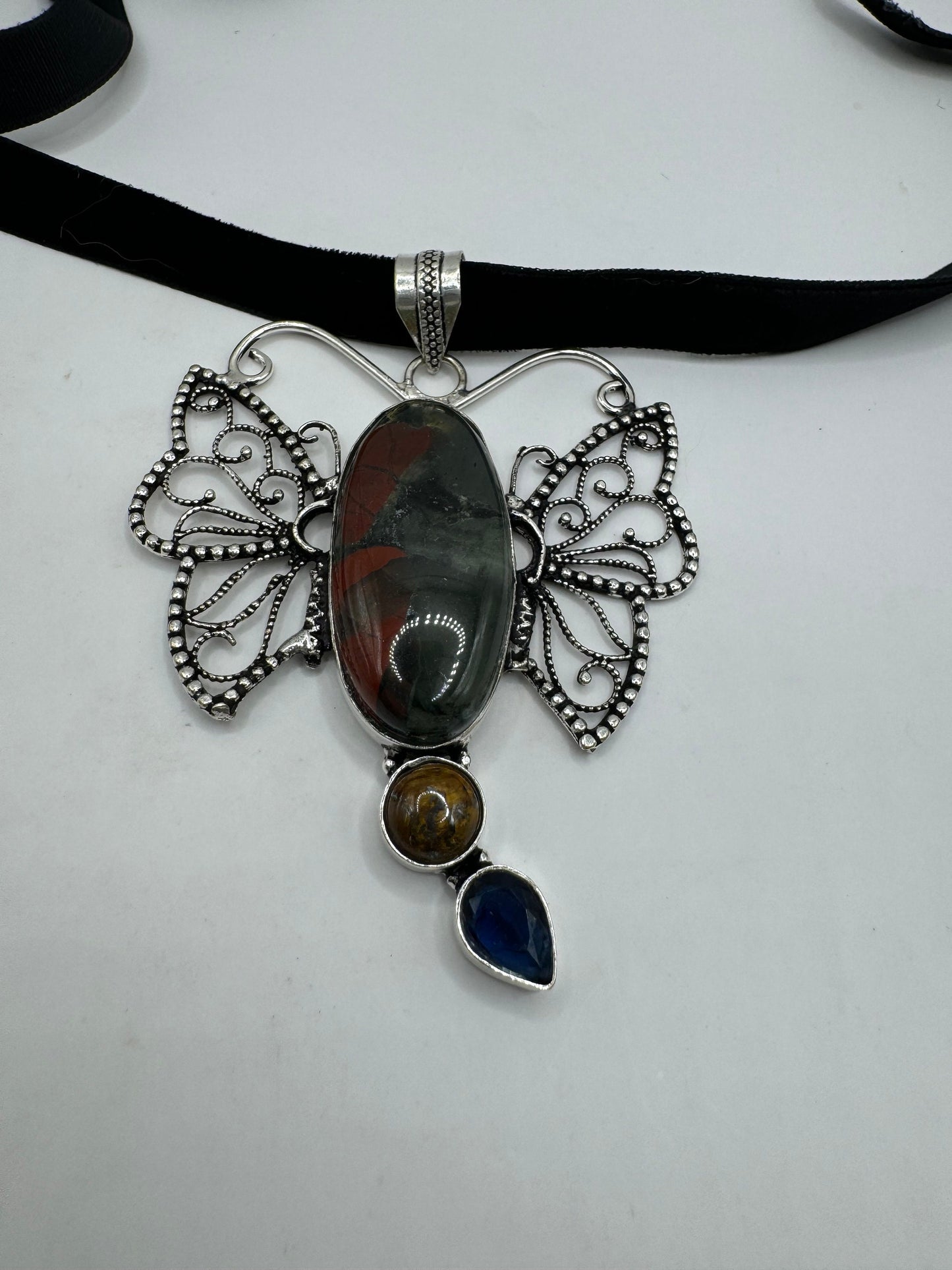 Vintage Green Bloodstone Silver Boho Choker Necklace Black Velevet Ribbon