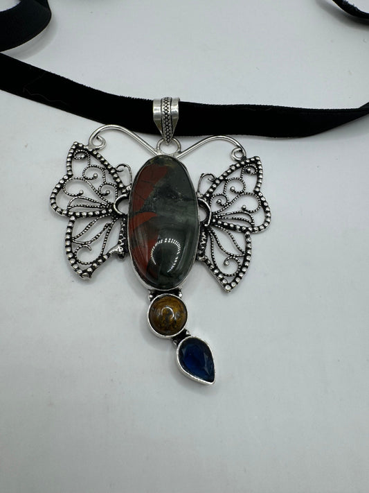 Vintage Green Bloodstone Silver Boho Choker Necklace Black Velevet Ribbon