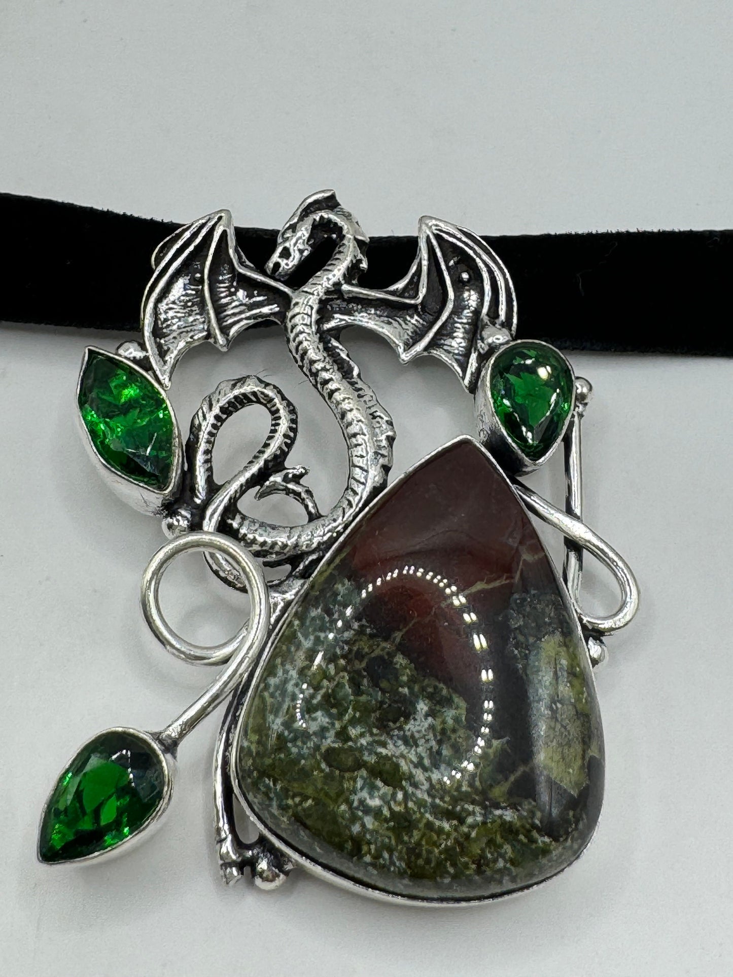 Vintage Green Bloodstone Dragonfly Silver Boho Choker Necklace Black Velevet Ribbon