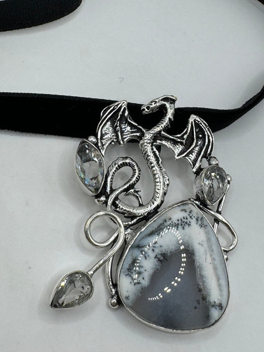 Vintage White Agate Dragon Silver Boho Choker Necklace Black Velevet Ribbon