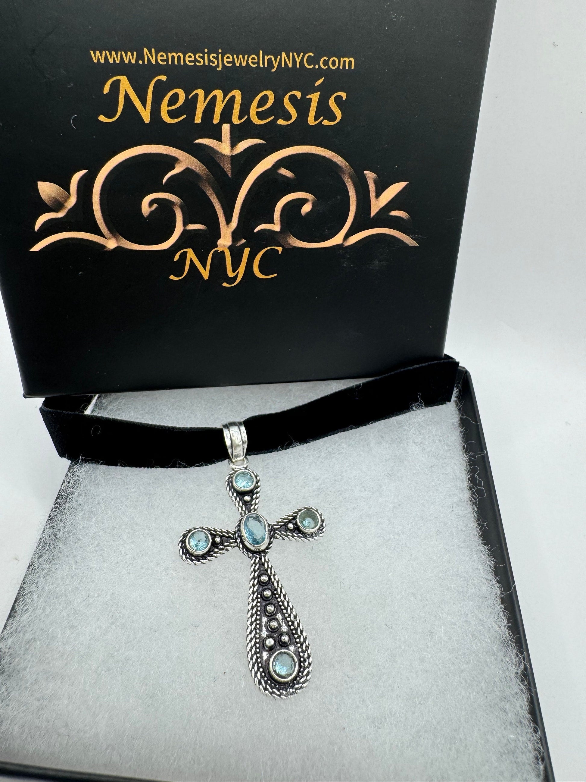 Vintage Blue Topaz Cross Choker Black Velvet Ribbon Pendant