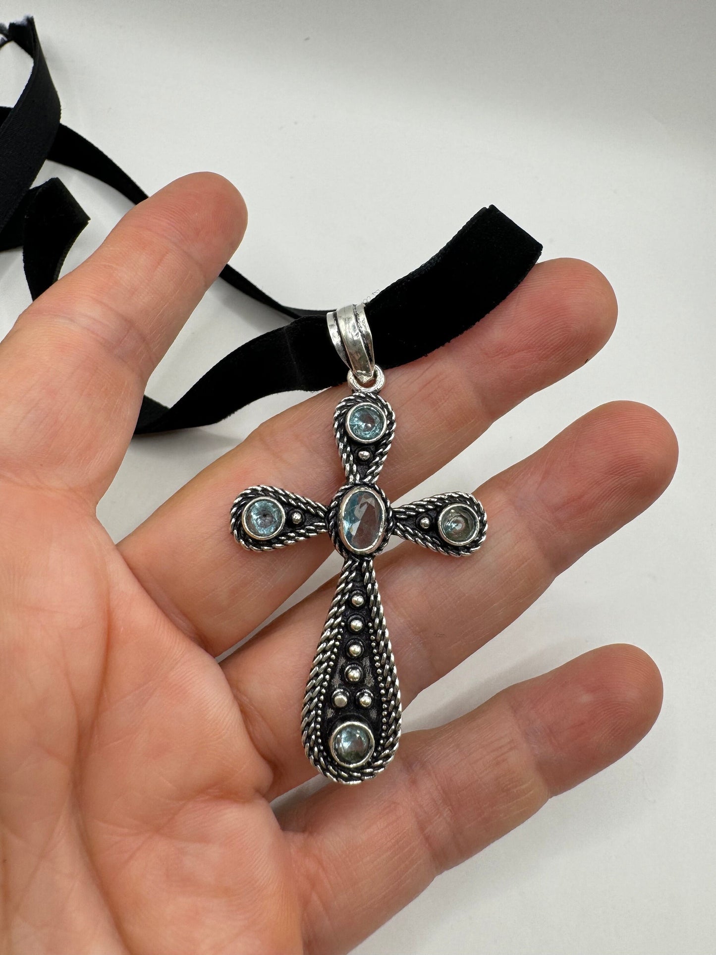 Vintage Blue Topaz Cross Choker Black Velvet Ribbon Pendant