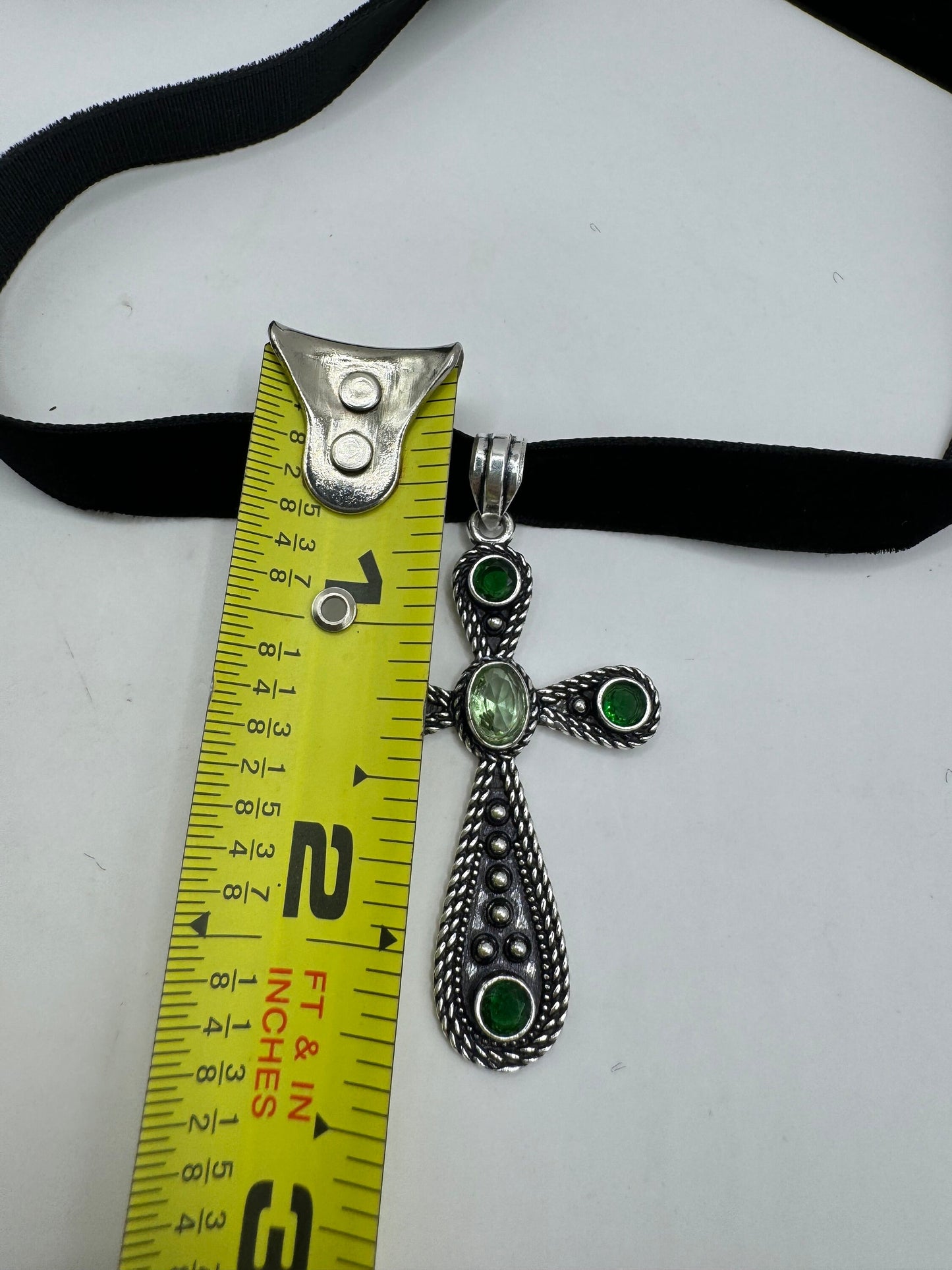 Vintage Green Peridot Silver Cross Choker Pendant Black Velvet Ribbon