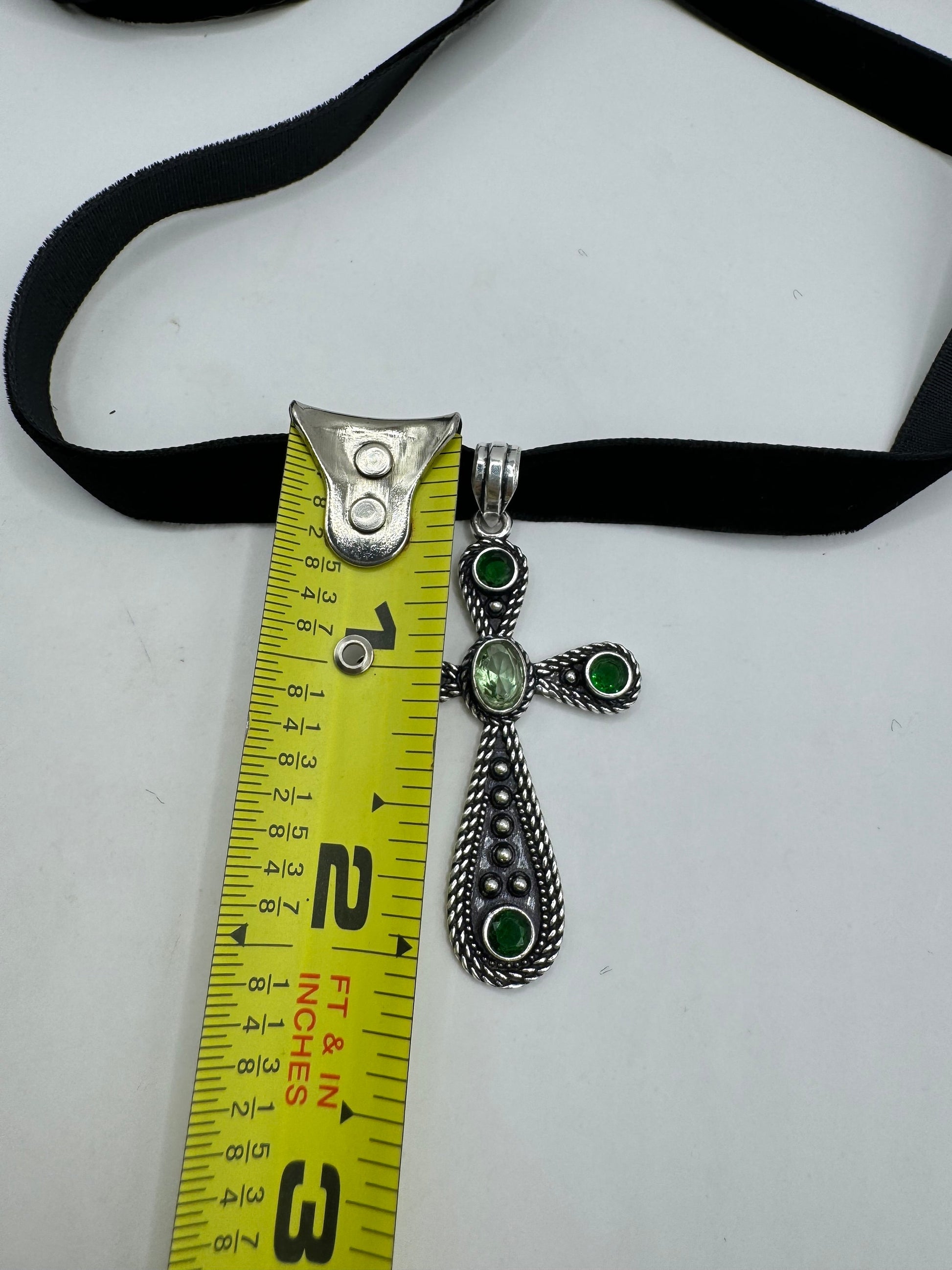 Vintage Green Peridot Silver Cross Choker Pendant Black Velvet Ribbon