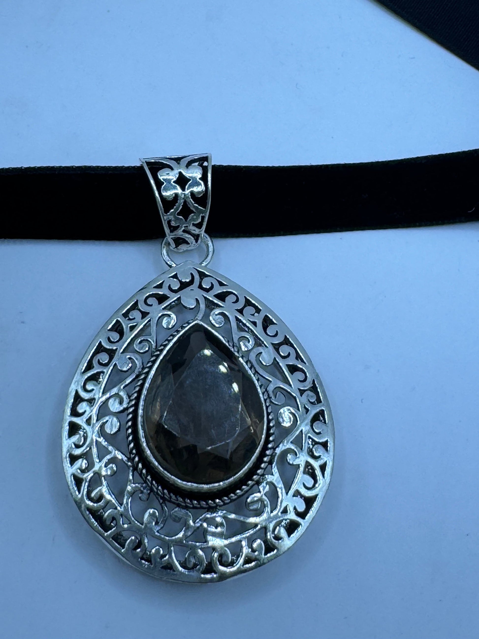 Vintage Smoky Silver Necklace Choker Black Velevet Ribbon