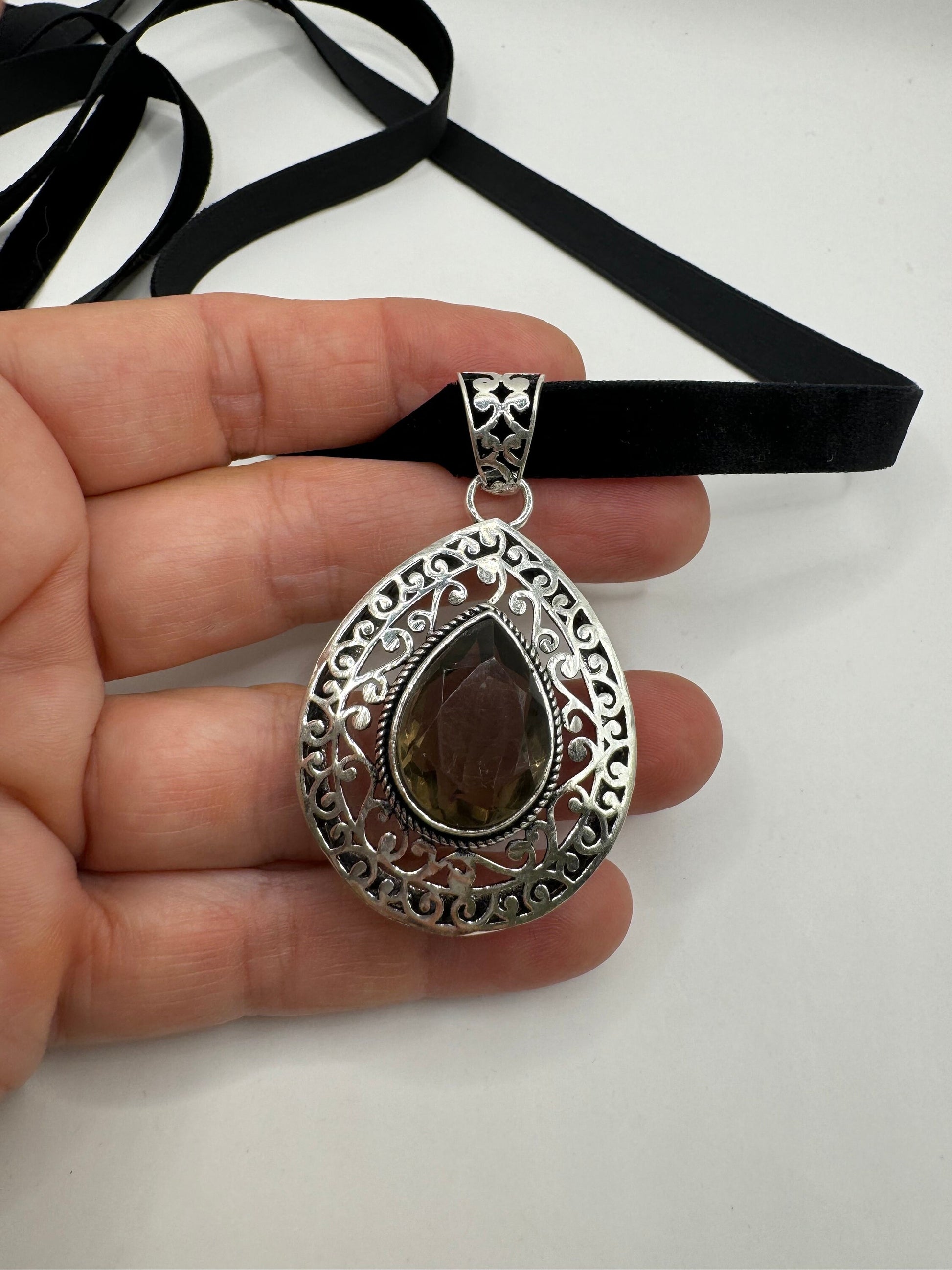 Vintage Smoky Silver Necklace Choker Black Velevet Ribbon