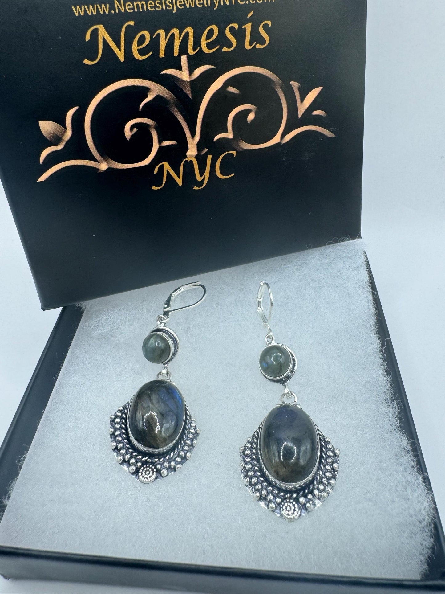 Antique Vintage Green Labradorite Silver Dangle Earrings
