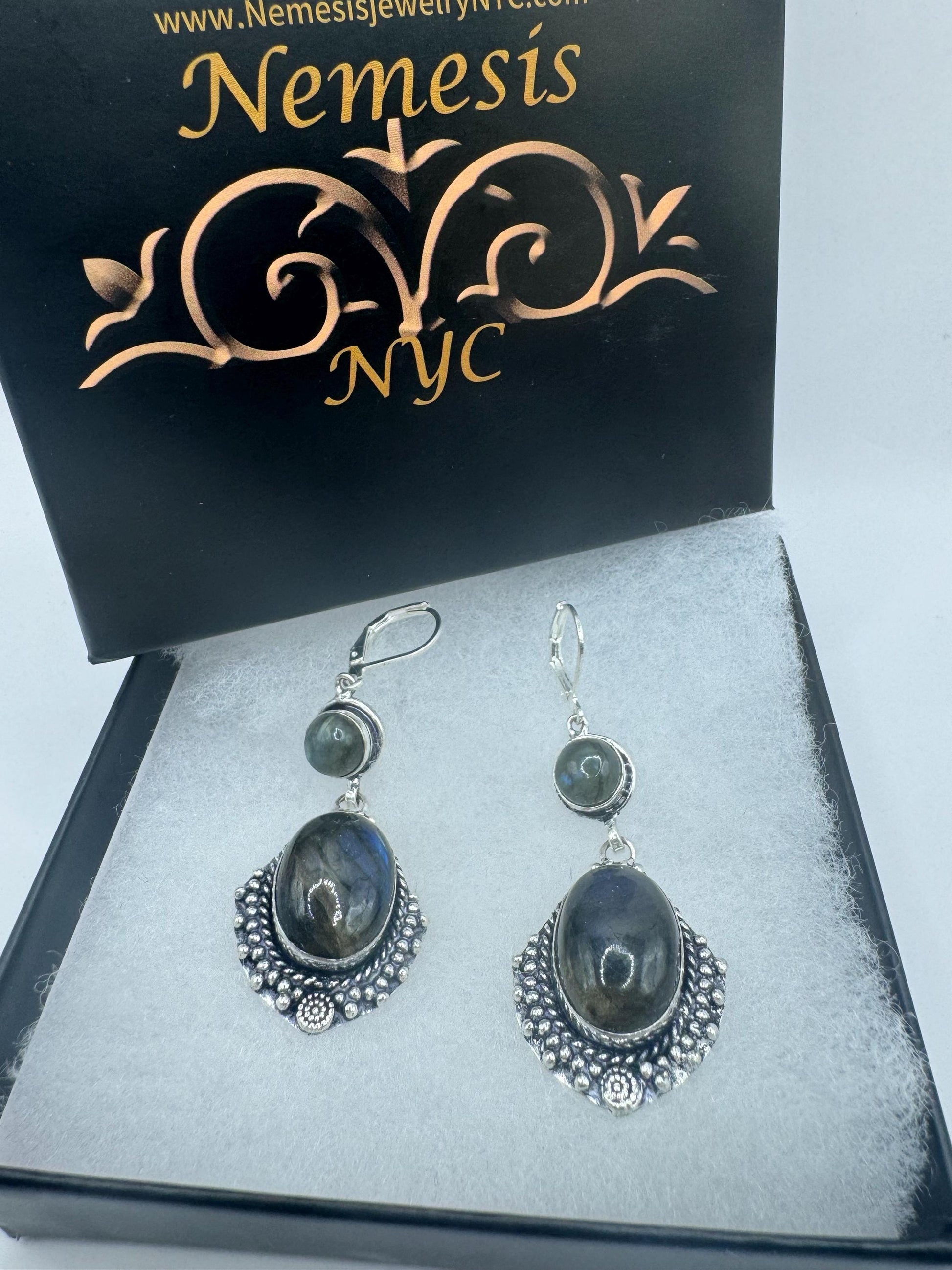 Antique Vintage Green Labradorite Silver Dangle Earrings