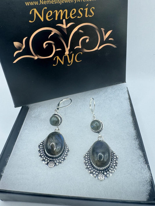 Antique Vintage Green Labradorite Silver Dangle Earrings