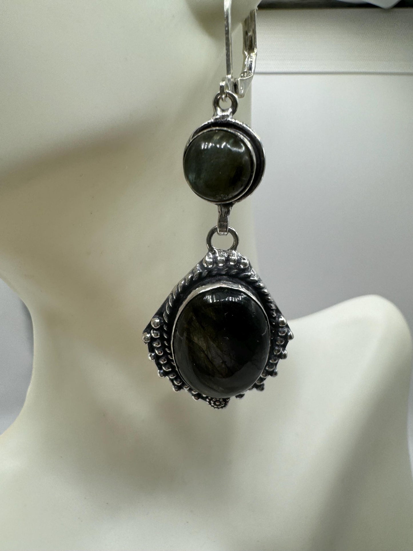 Antique Vintage Green Labradorite Silver Dangle Earrings