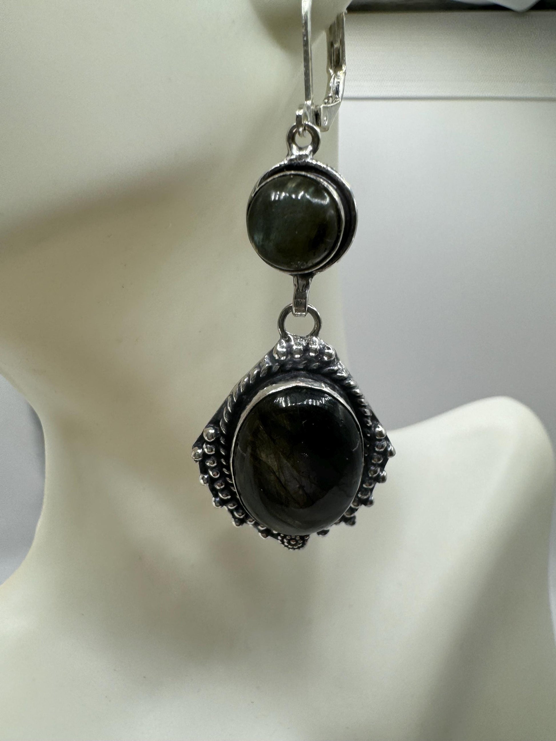 Antique Vintage Green Labradorite Silver Dangle Earrings