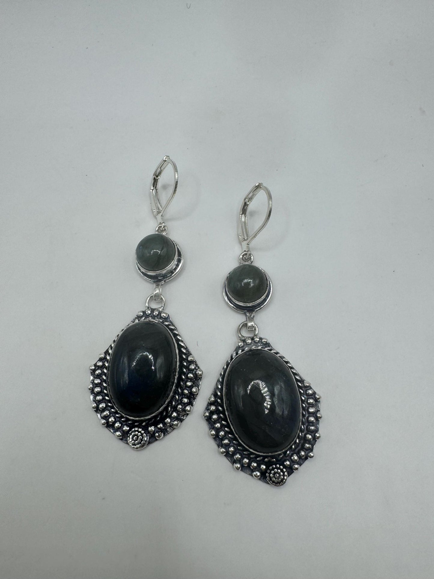 Antique Vintage Green Labradorite Silver Dangle Earrings