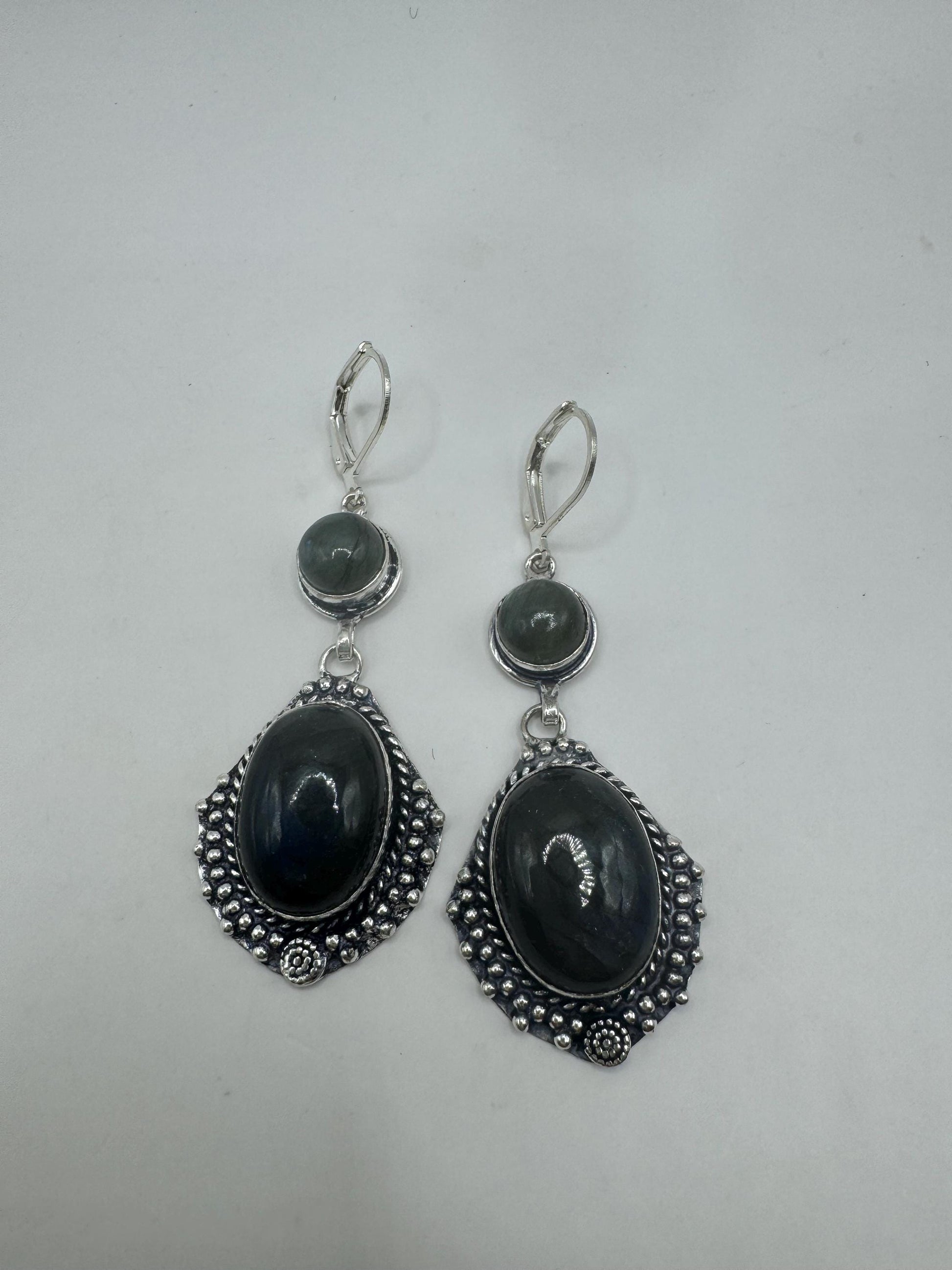 Antique Vintage Green Labradorite Silver Dangle Earrings