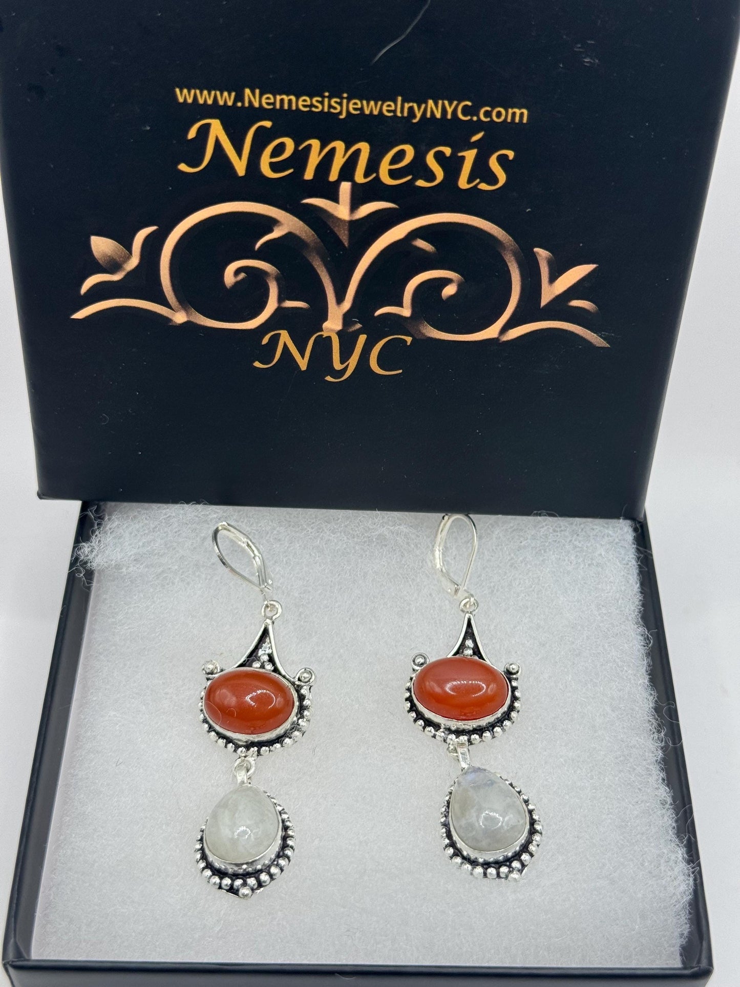 Vintage rainbow moonstone carnelian 925 sterling silver lever back dangle earrings