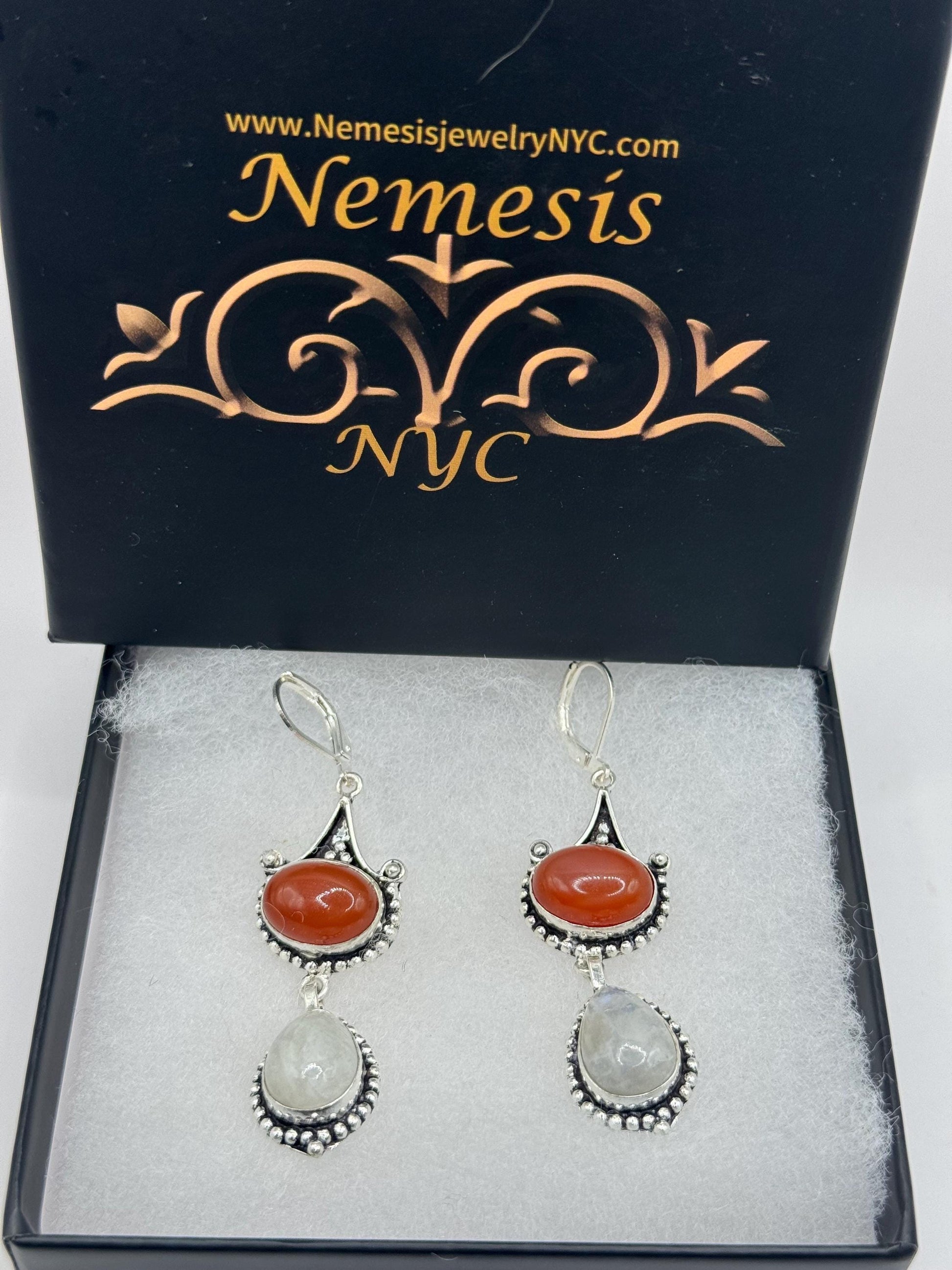 Vintage rainbow moonstone carnelian 925 sterling silver lever back dangle earrings