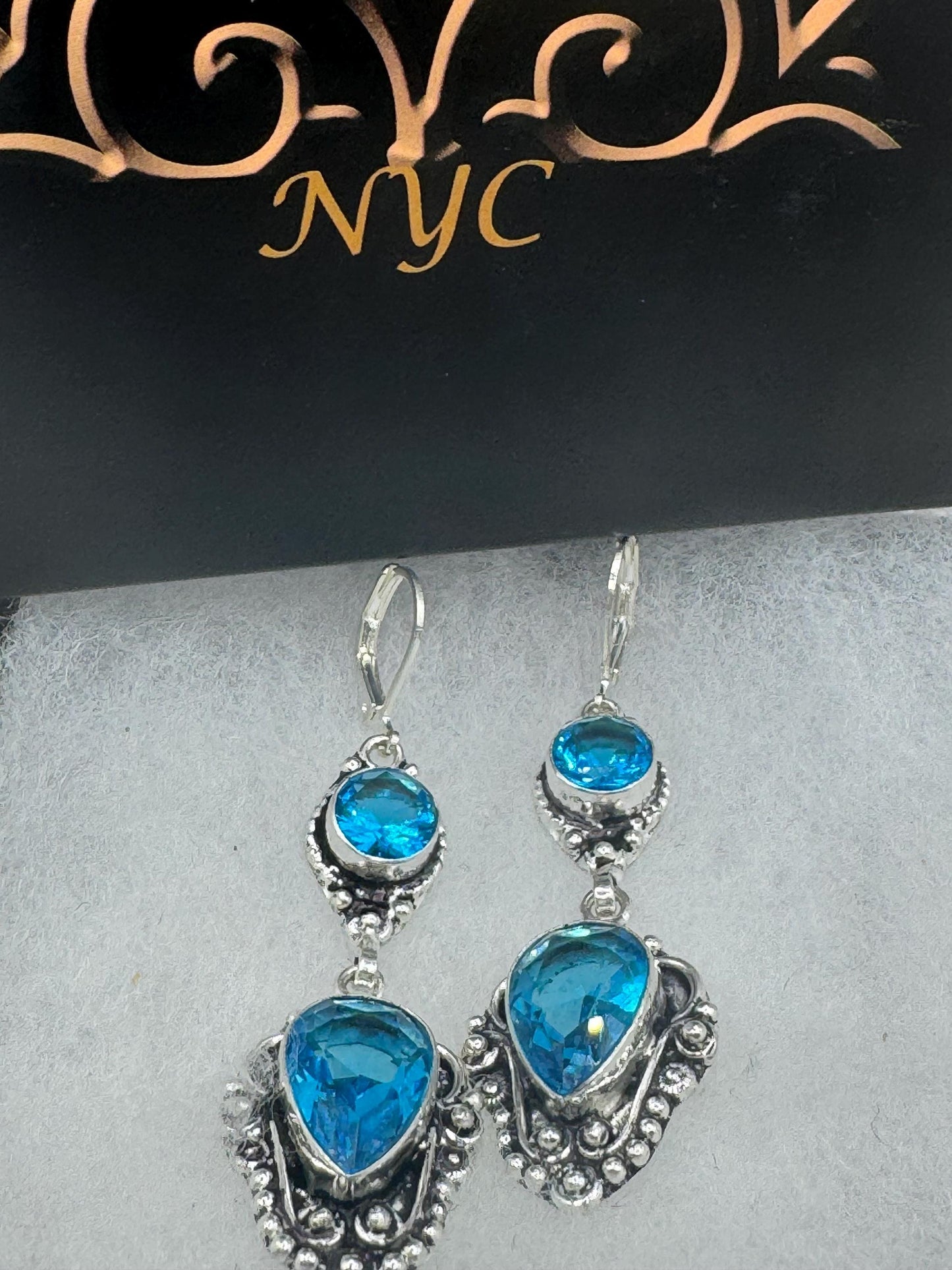 Antique vintage Aqua Blue Volcanic glass Silver dangle earrings
