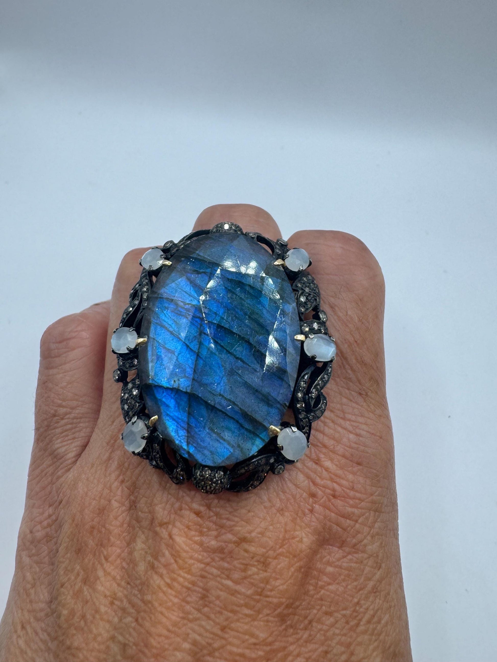 Vintage Labradorite Statement Ring, Diamonds, Moonstone, Sterling Silver Gold