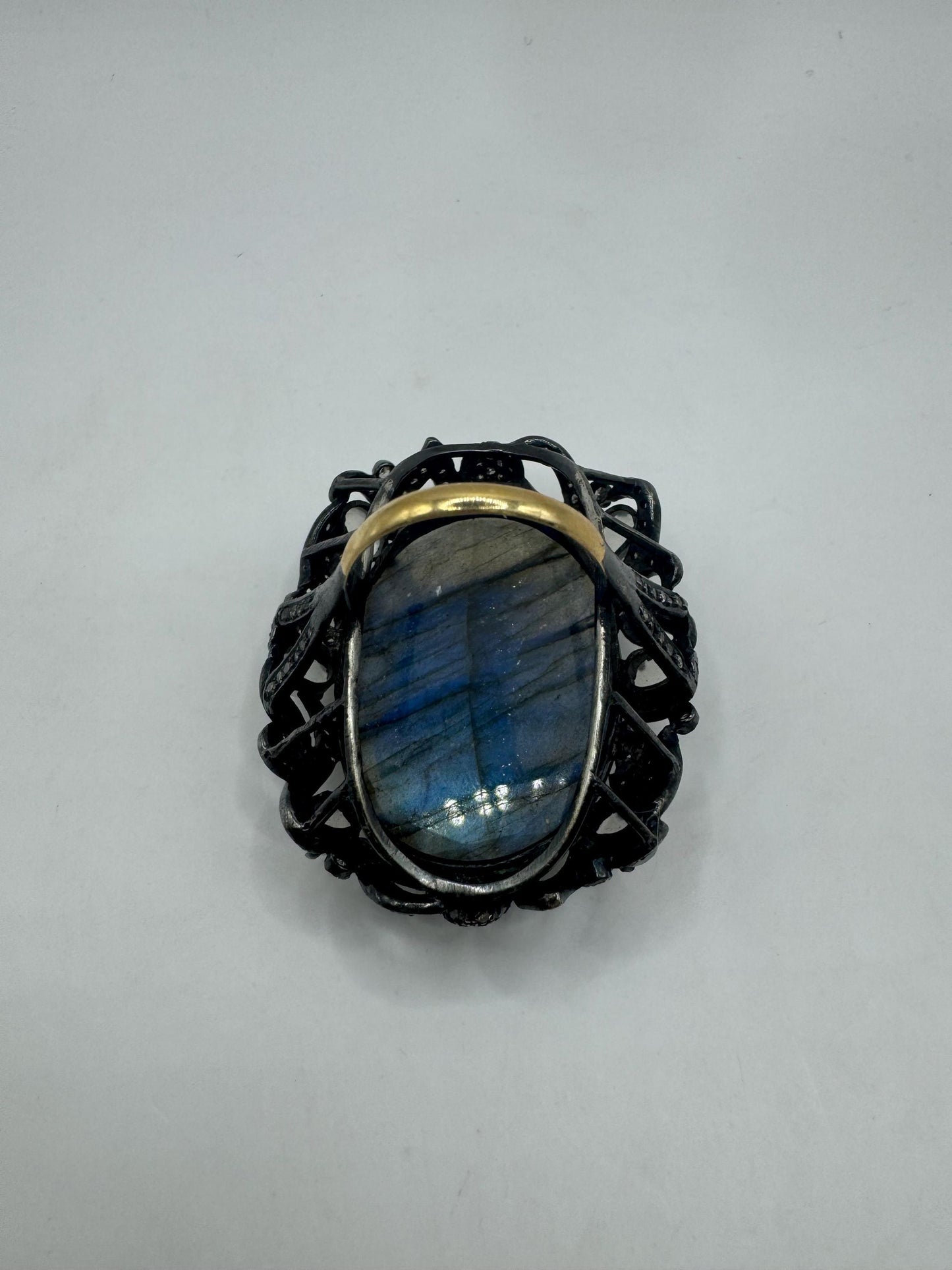 Vintage Labradorite Statement Ring, Diamonds, Moonstone, Sterling Silver Gold