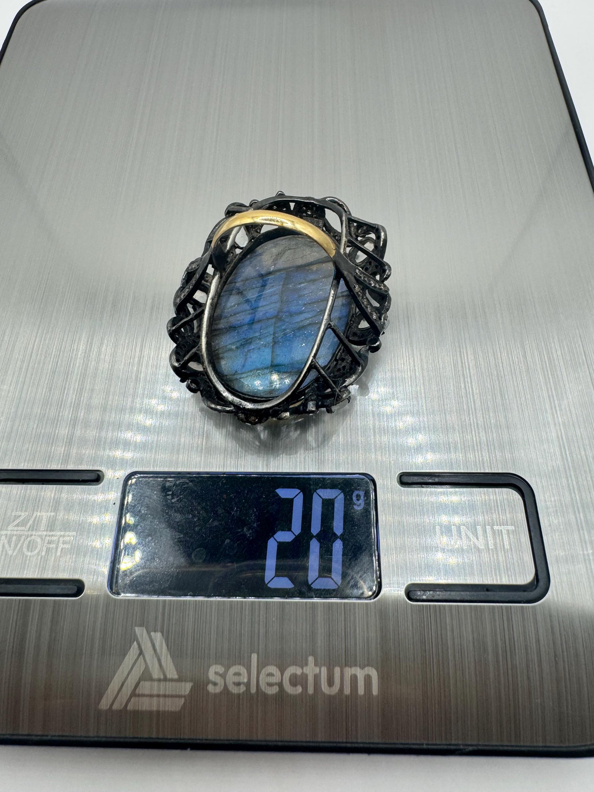 Vintage Labradorite Statement Ring, Diamonds, Moonstone, Sterling Silver Gold